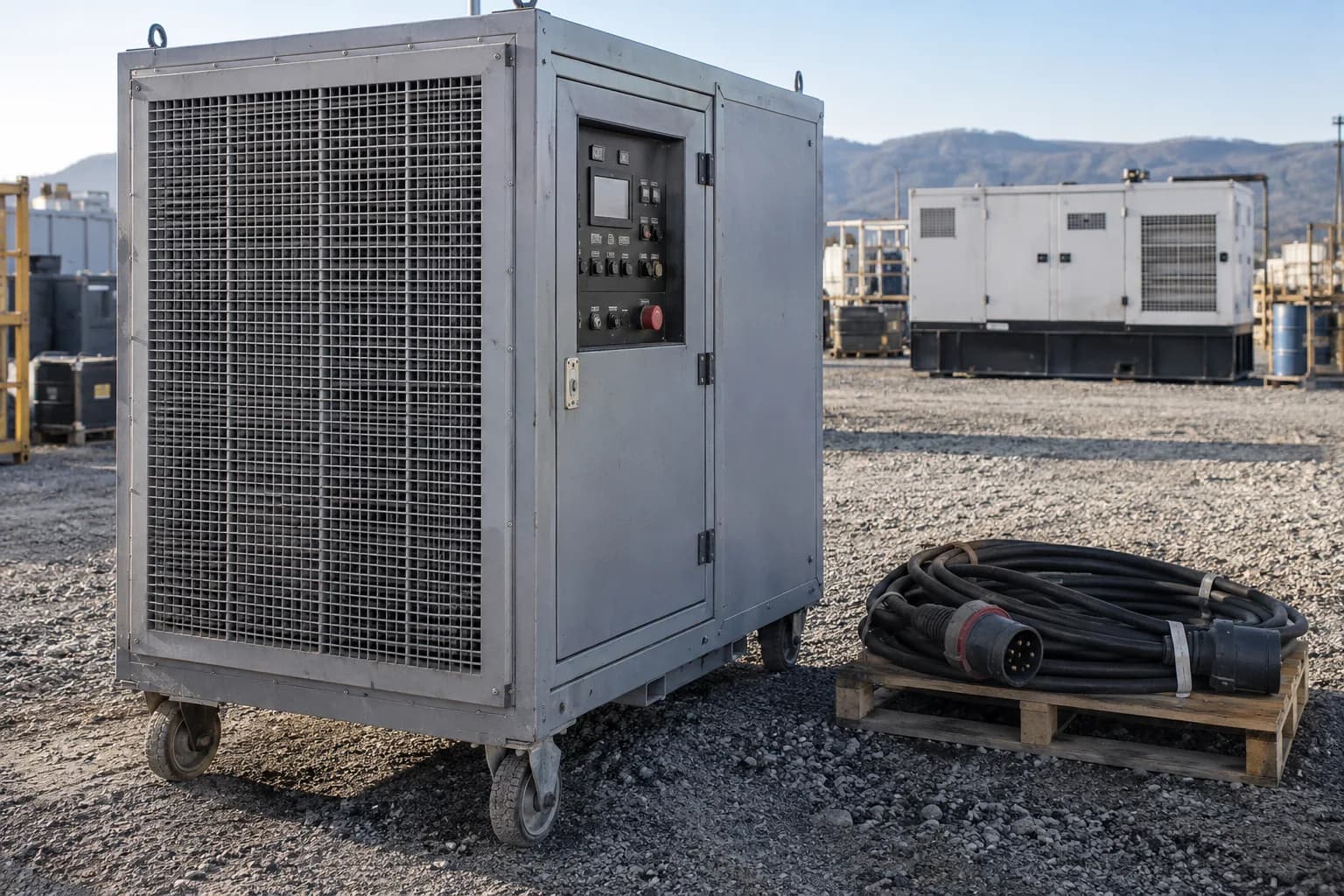 Purpose-built load-bank cabinet and disconnected insulated cables staged outdoors.