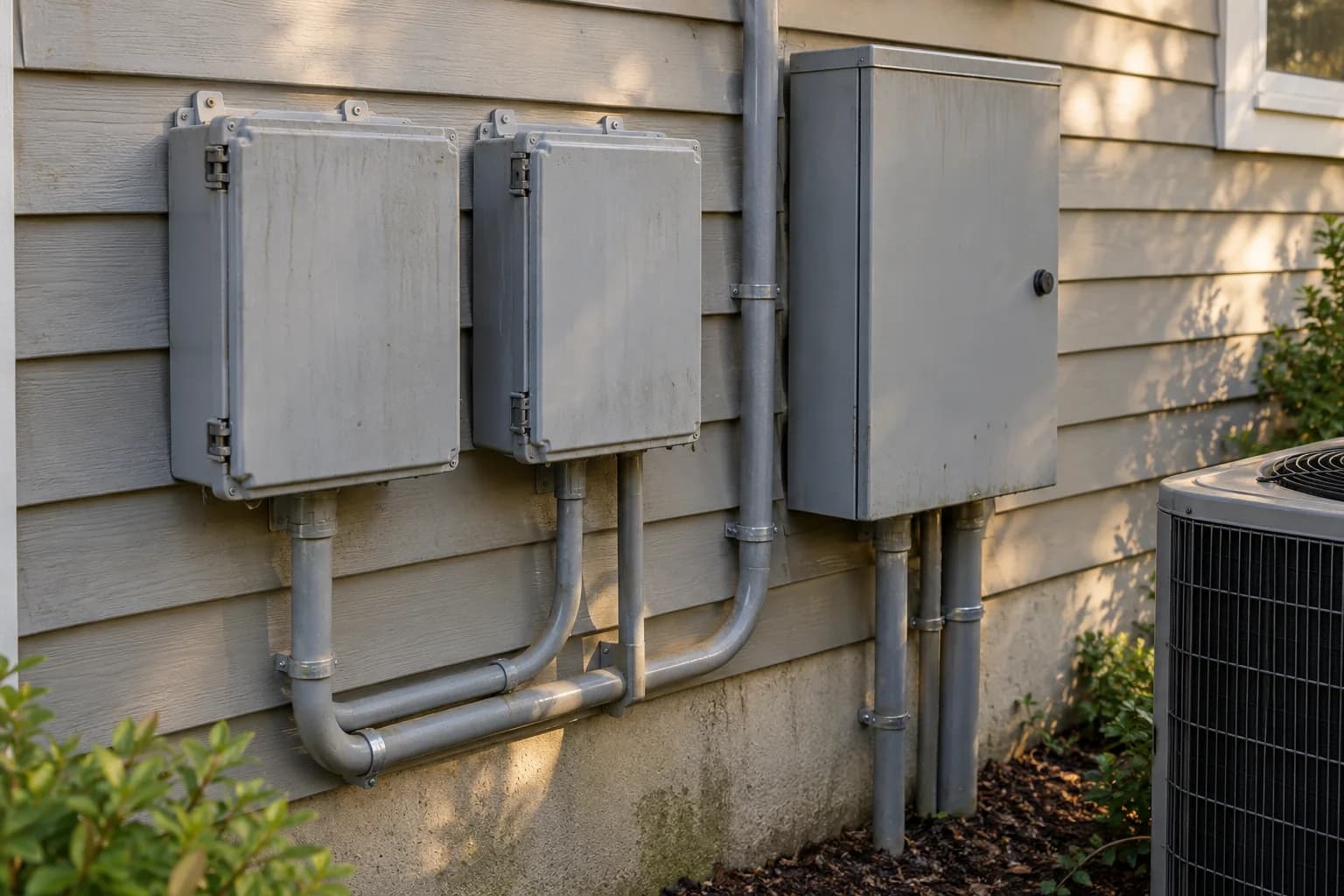 Closed outdoor load-management enclosures and a transfer-switch cabinet with intact conduit near an air conditioner.