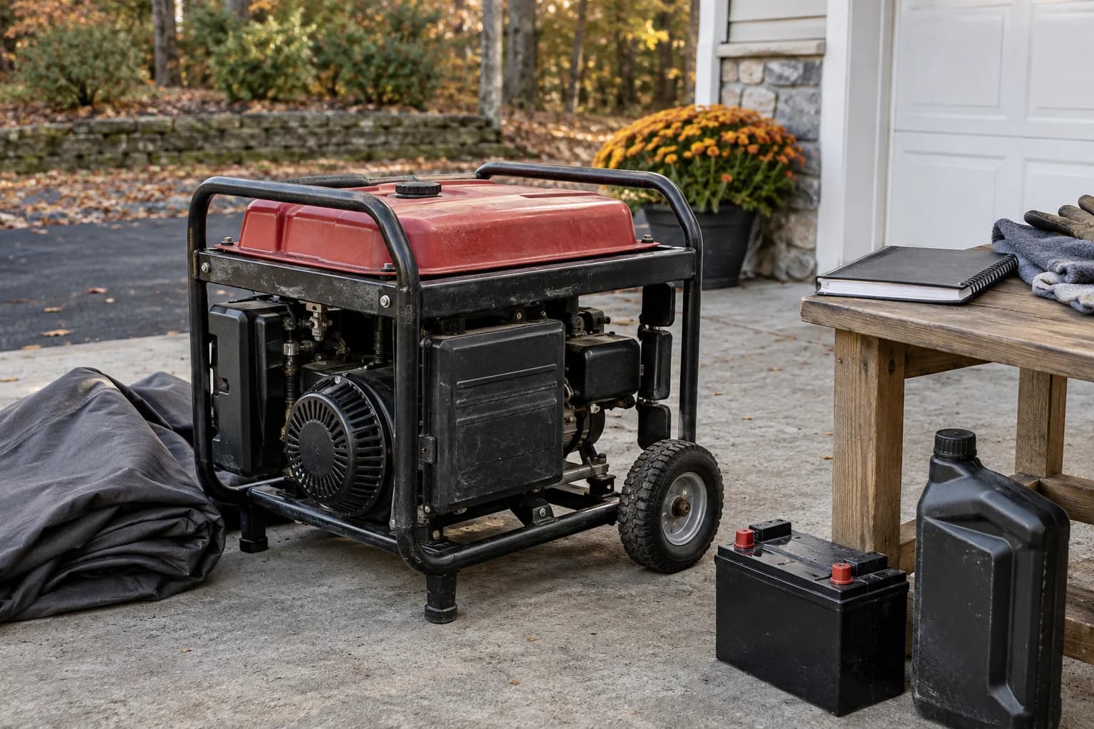 Generator storage preparation with cover, capped battery and maintenance supplies
