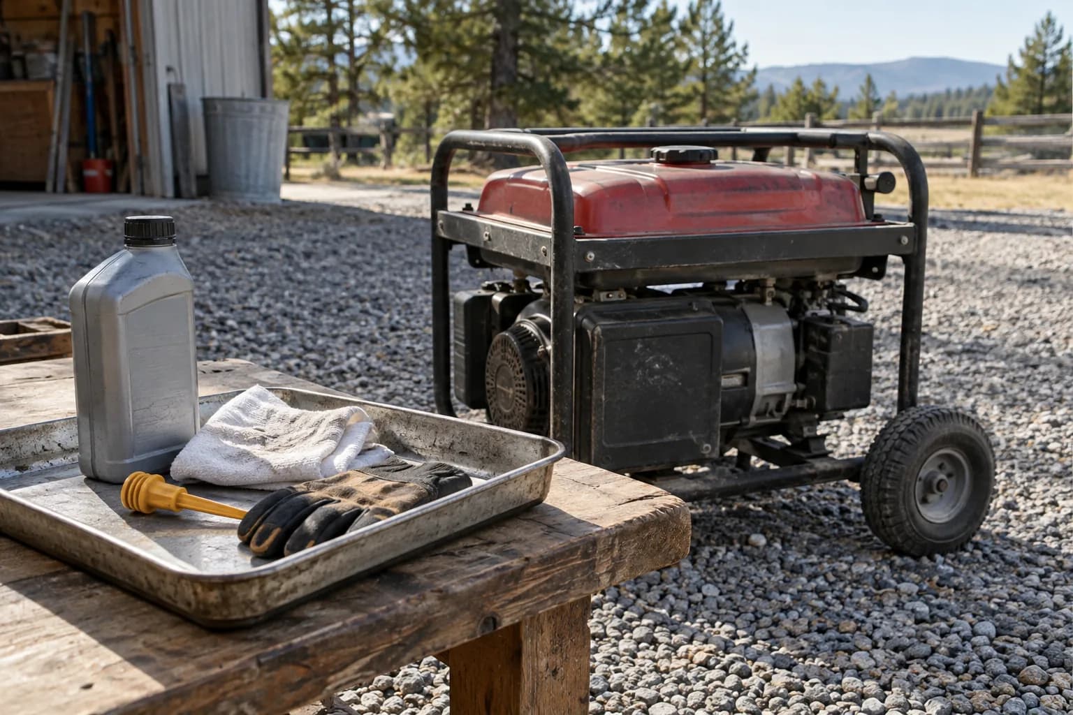 A cooled generator on level gravel beside a service tray with sealed engine oil, a spare dipstick and a cloth.