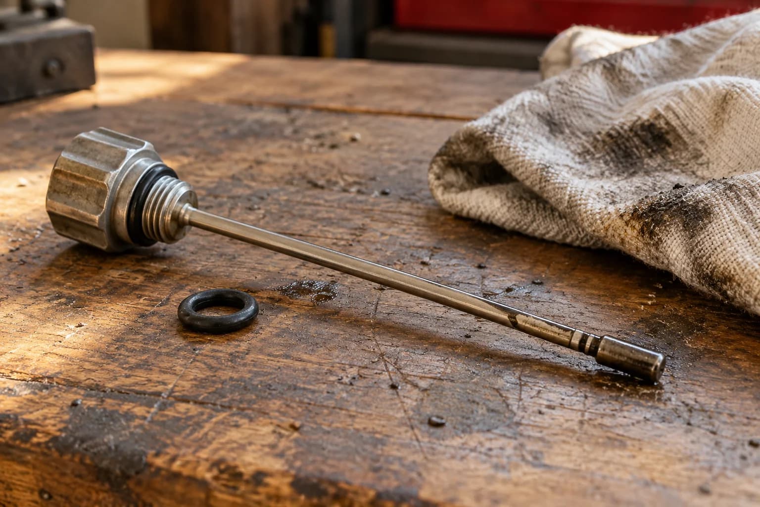 Generic metal dipstick, loose rubber seal and used cotton cloth on a worn maintenance bench