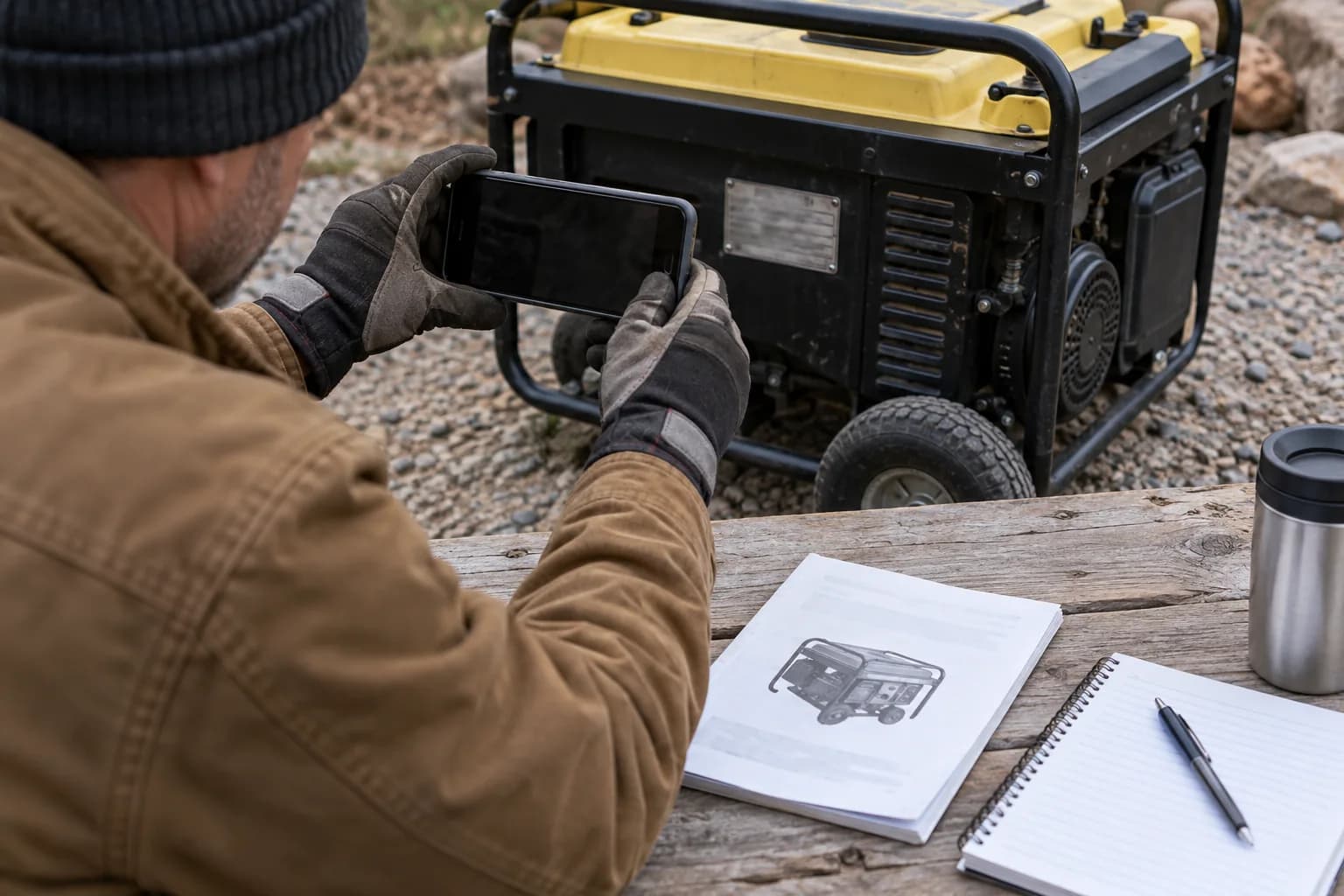 Recording a generator identification plate beside the manual and equipment notebook
