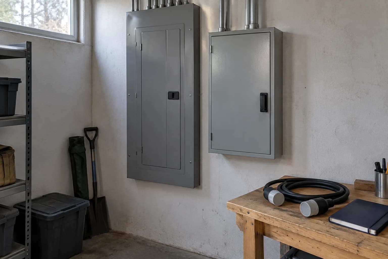 Closed home electrical and transfer-switch cabinets beside a capped, disconnected generator cord.