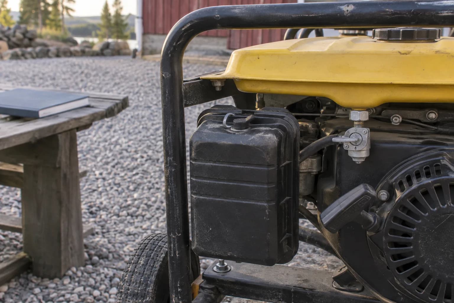 The closed air-filter housing and external controls of a shut-down generator engine outdoors.