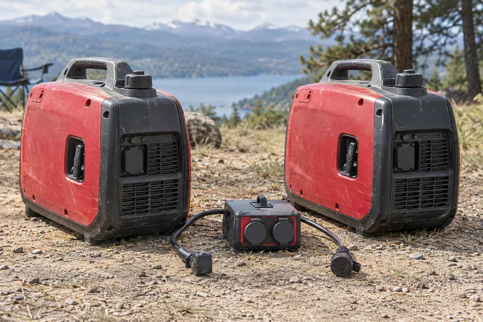 Two disconnected inverter generators and capped parallel interface kit outdoors