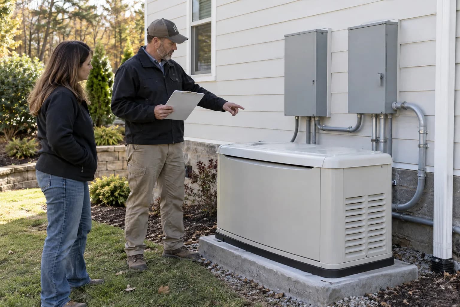Generator permit and inspection review beside closed standby and transfer equipment