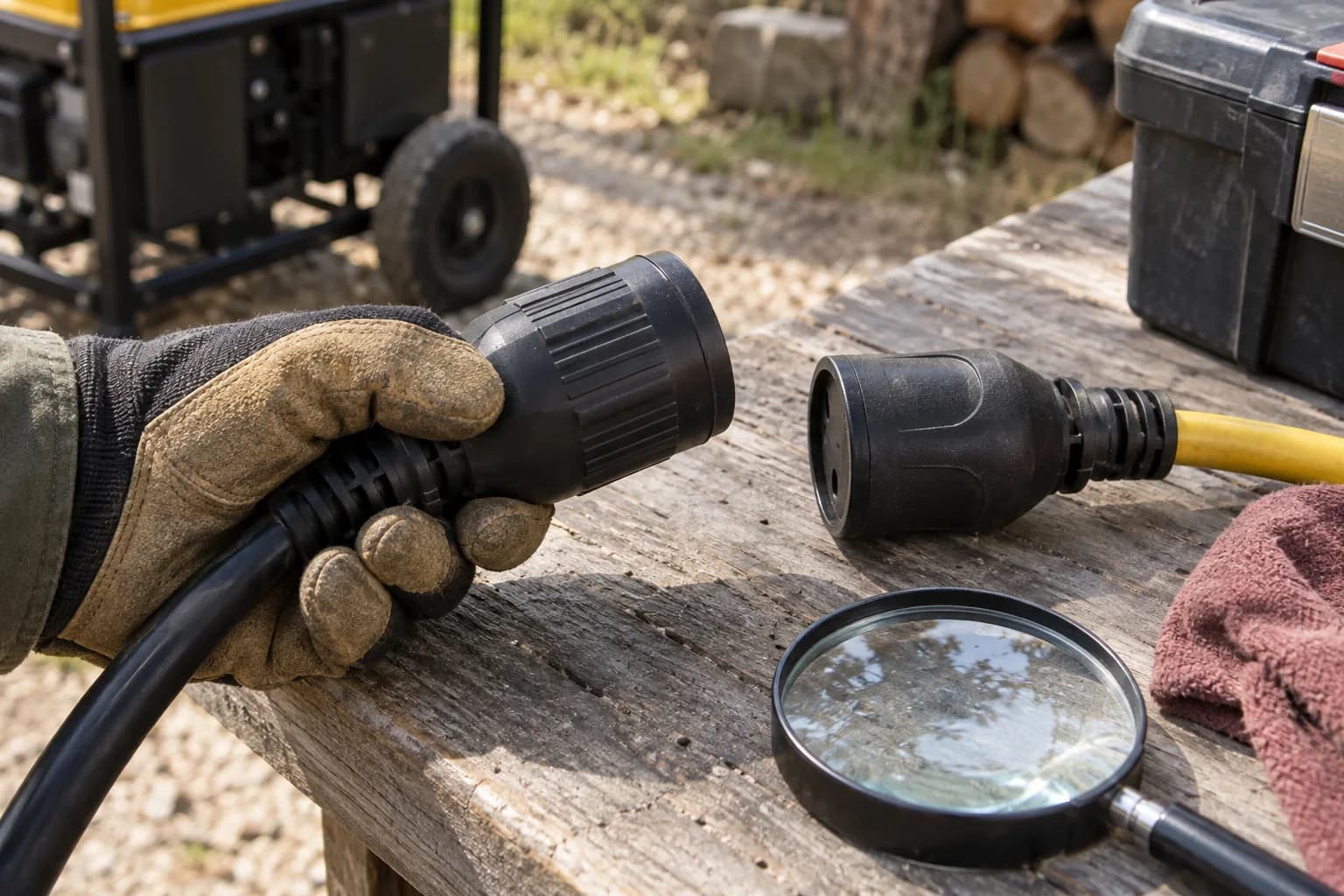 Gloved inspection of a generator plug housing and cable strain relief
