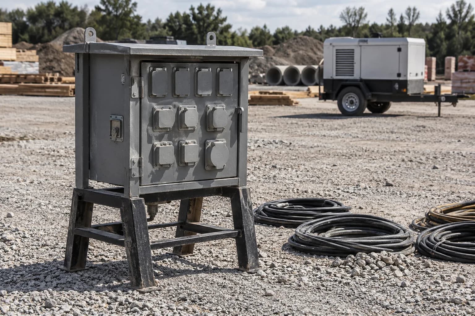 Closed temporary power distribution box and disconnected feeder cables outdoors.