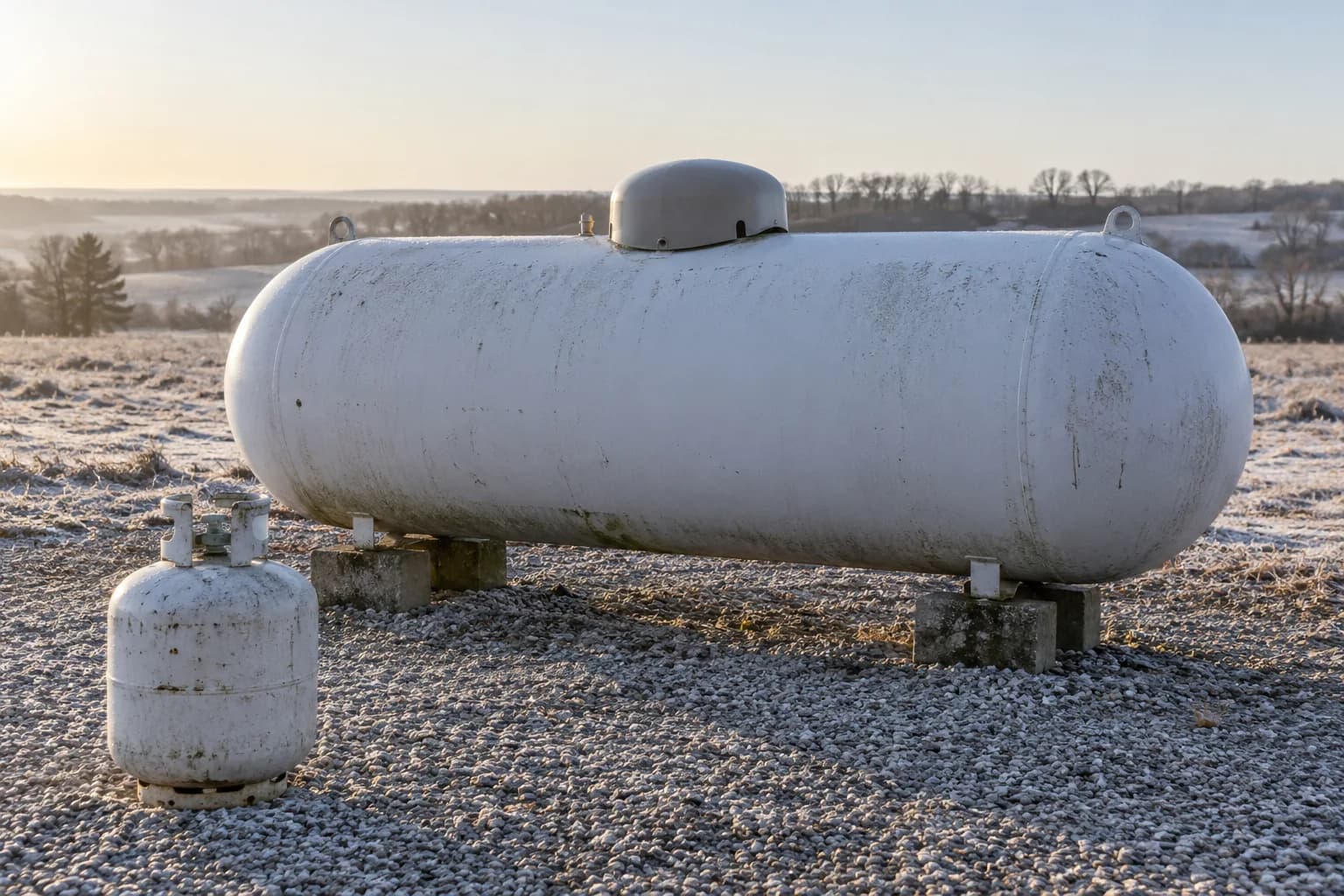 A closed horizontal propane storage tank and a separate capped cylinder in an open outdoor fuel-planning scene.