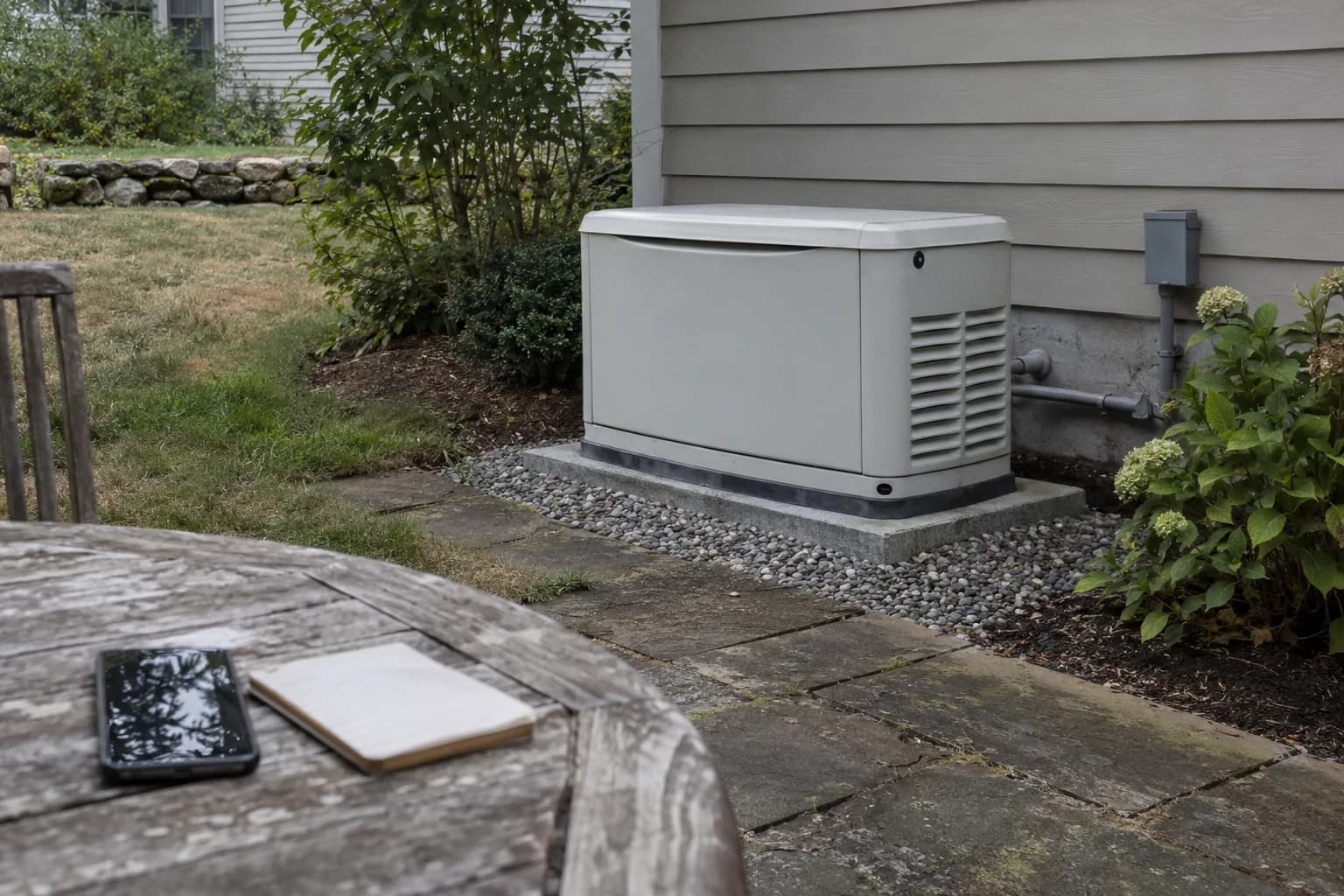 Closed home standby generator outdoors with a phone and logbook on a nearby table