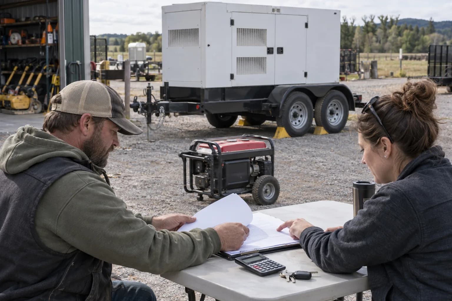 Rental and ownership comparison with mobile generator, portable unit and paperwork