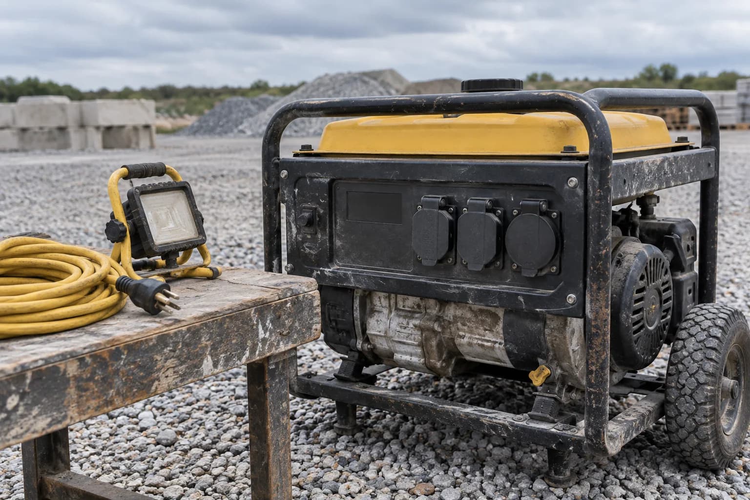 An off, disconnected portable generator with capped outlets beside an unplugged cord and work light.