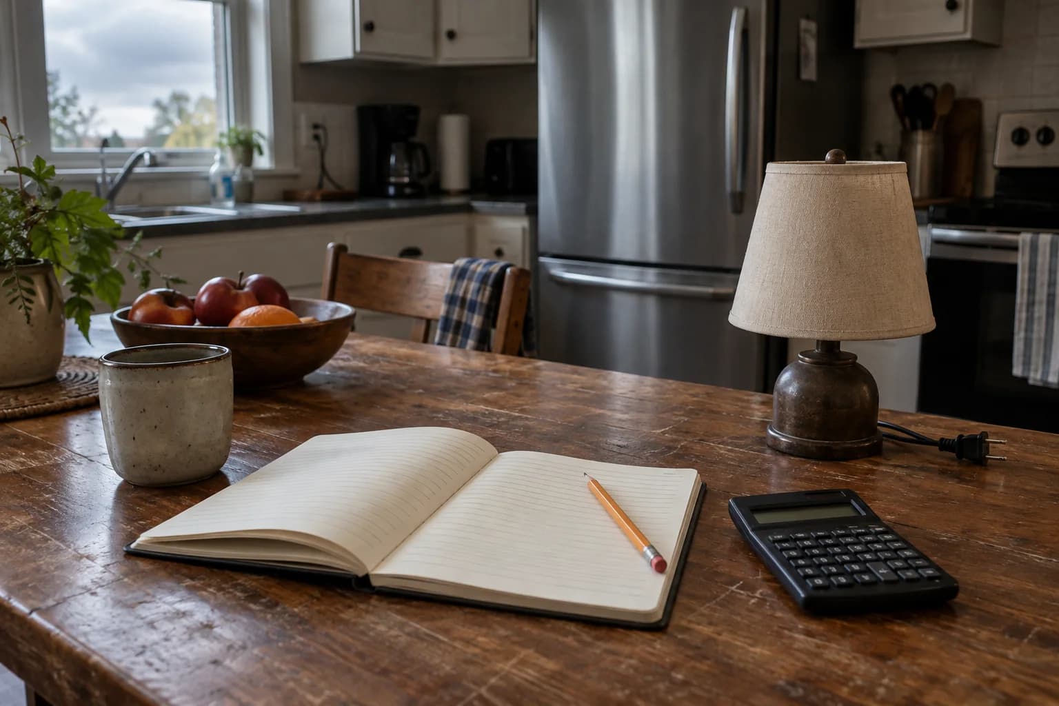 Notebook and calculator used to plan household generator loads.