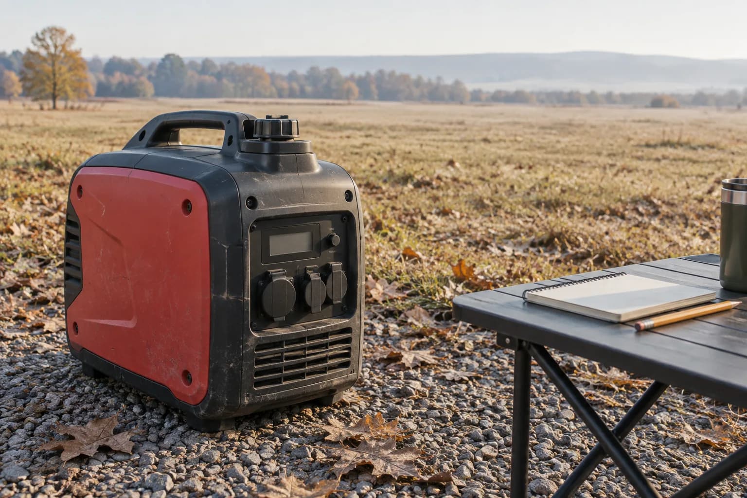A shut-down inverter generator on level outdoor gravel beside a notebook for recording fault observations.