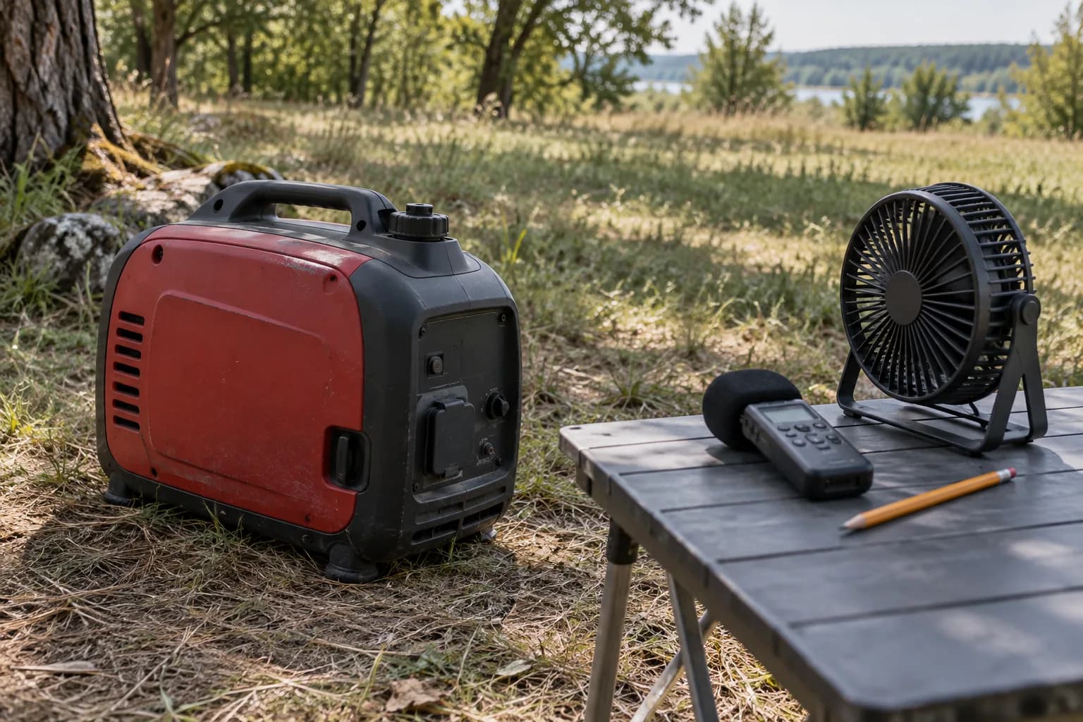 An off inverter generator beside a sound recorder and unplugged fan for documenting operating observations.