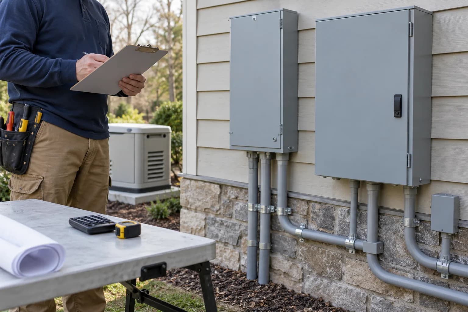 Project planning beside closed transfer equipment and electrical cabinets