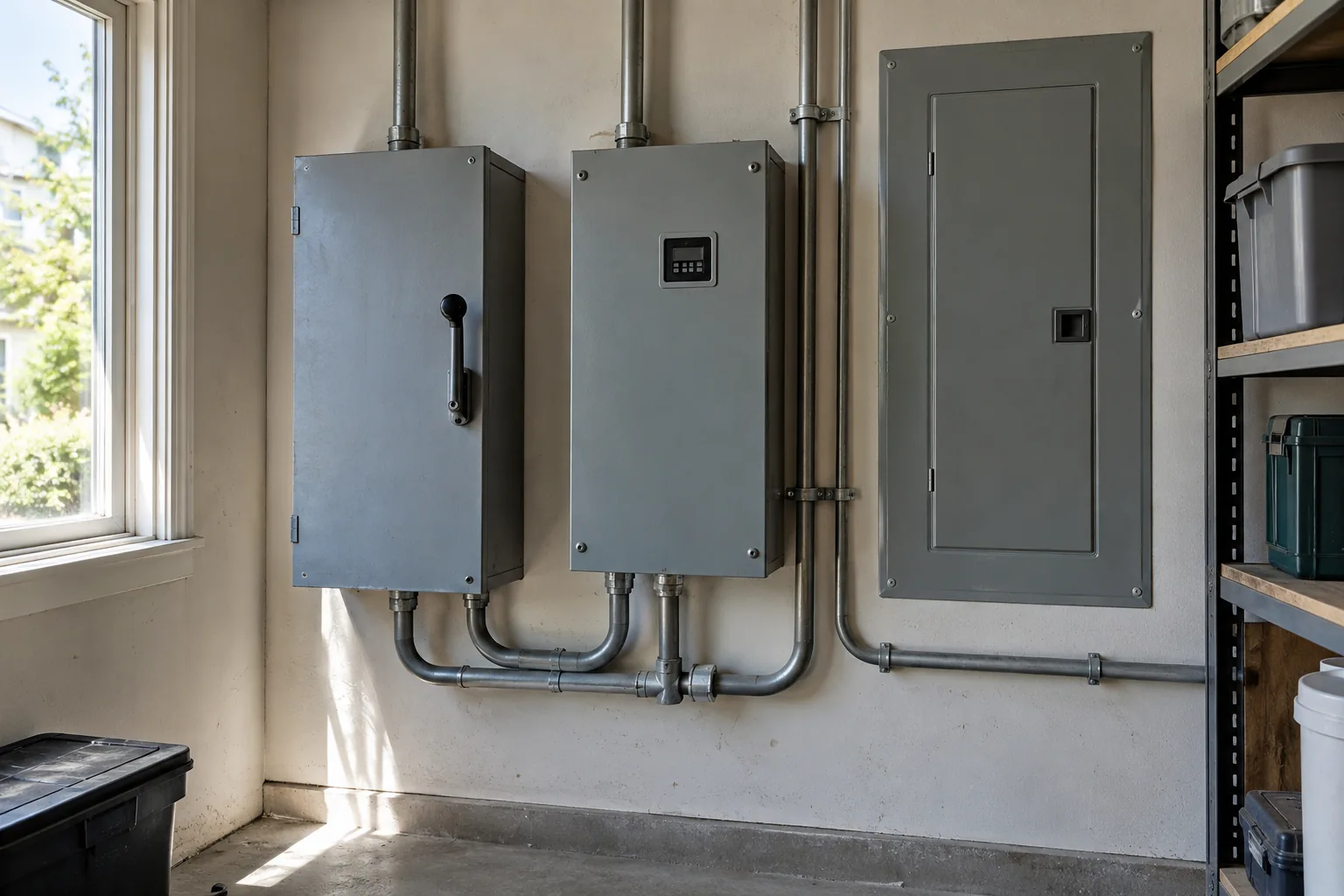 Closed manual and automatic transfer equipment beside a residential electrical panel.