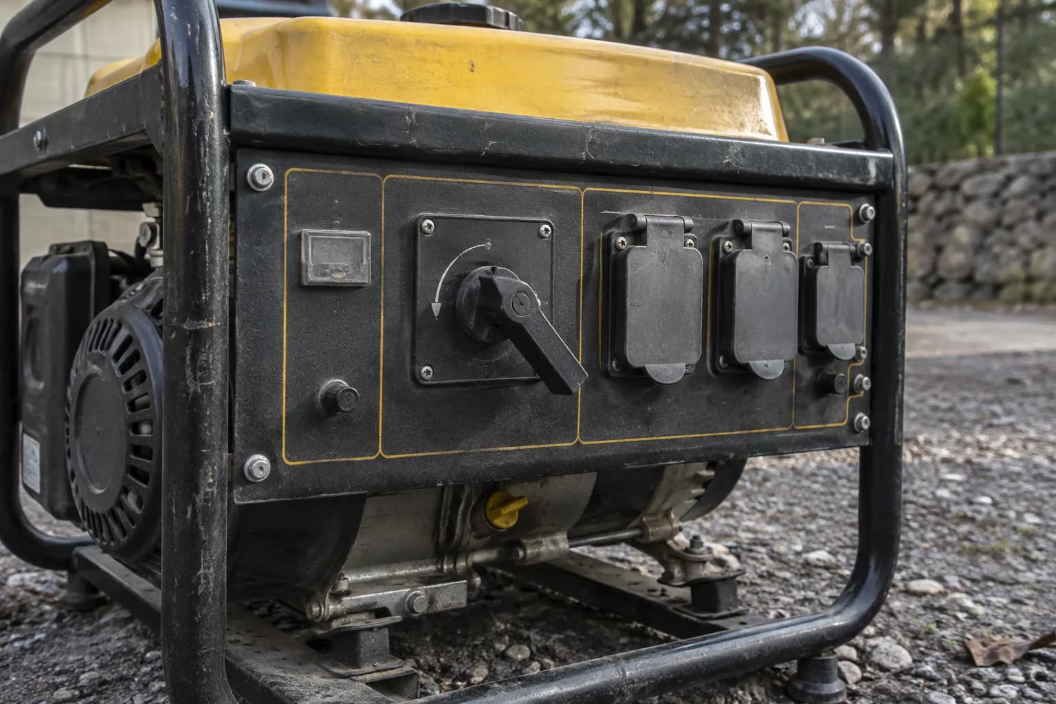 Generator control panel with guarded selector and closed outlet covers