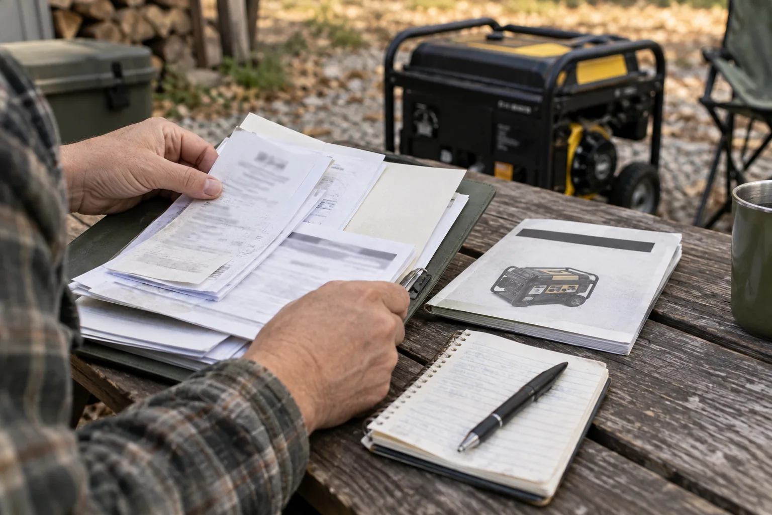 Generator warranty records with receipts, service folder and maintenance notebook