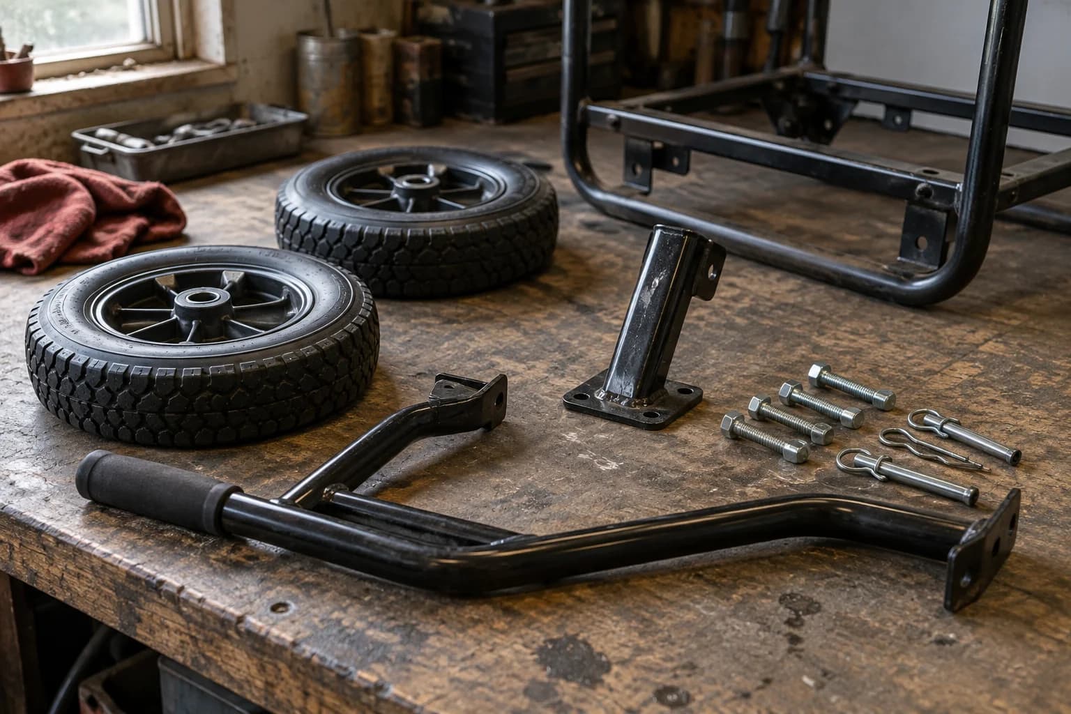 Separate generic wheels, handle, support leg and retaining hardware beside an empty tubular frame
