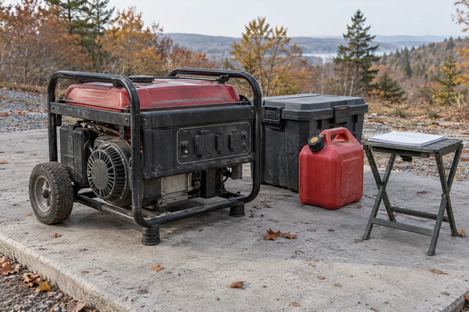 An off portable generator outdoors with storage supplies and an unopened owner manual.