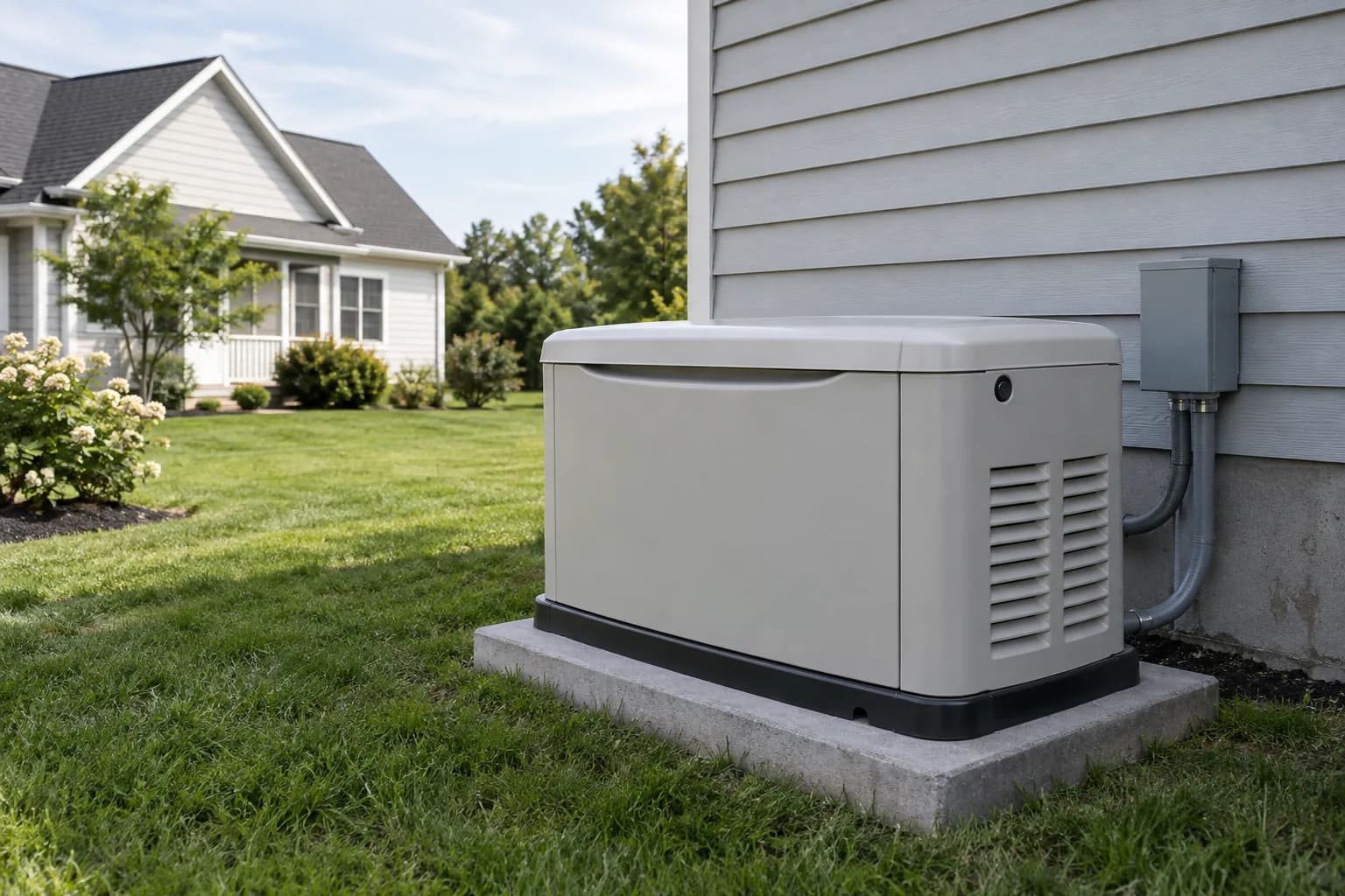 Closed home standby generator on a concrete pad with clear maintenance space.