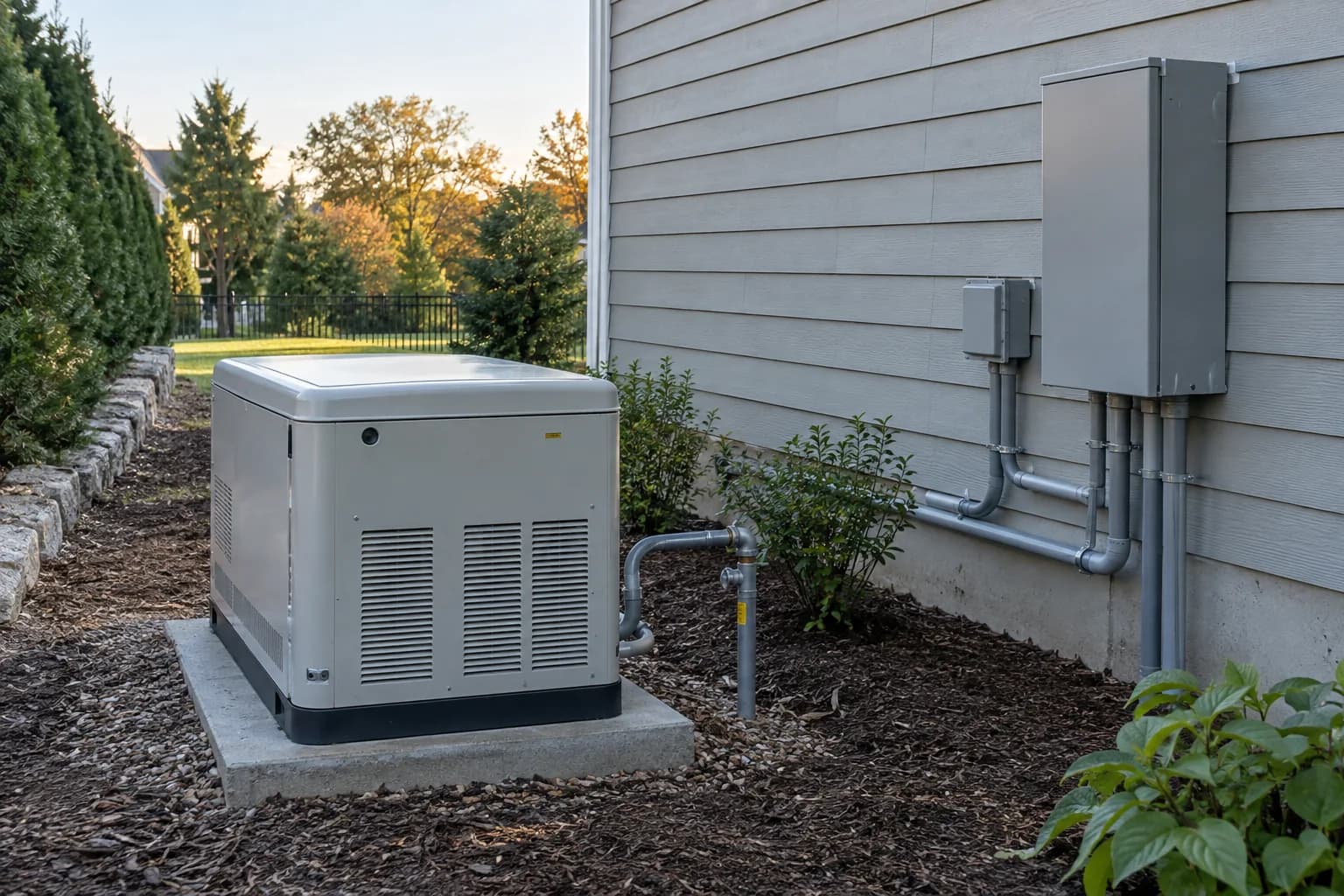 Closed outdoor standby generator with professionally enclosed connections.