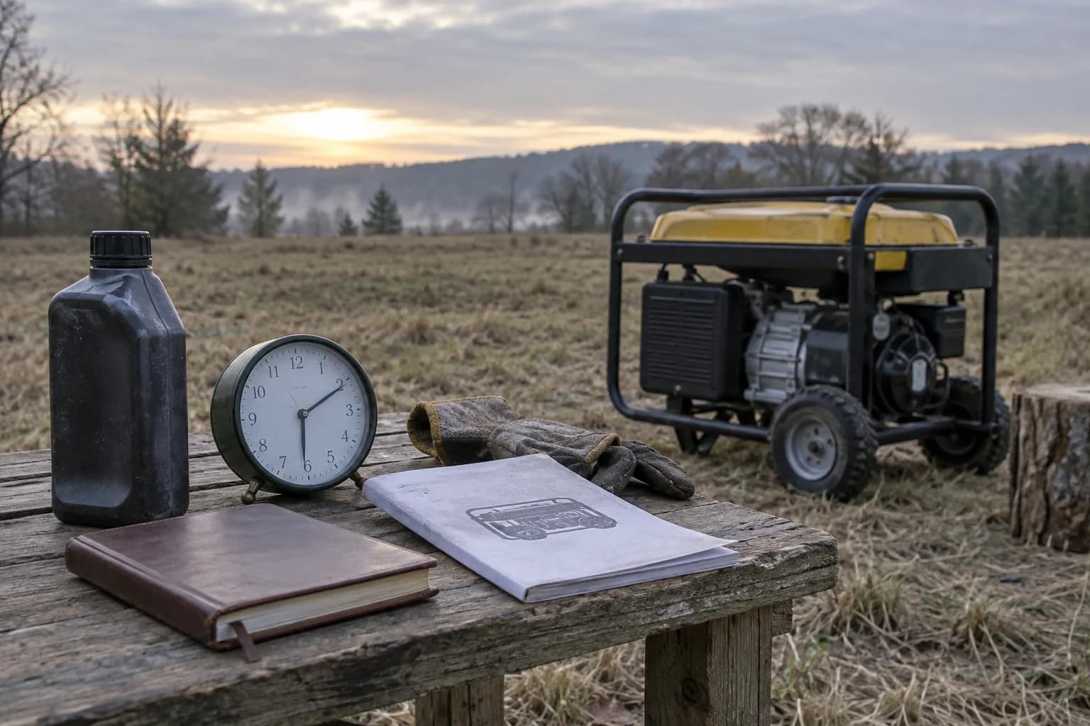 Generator runtime planning with maintenance notebook, clock and sealed oil bottle