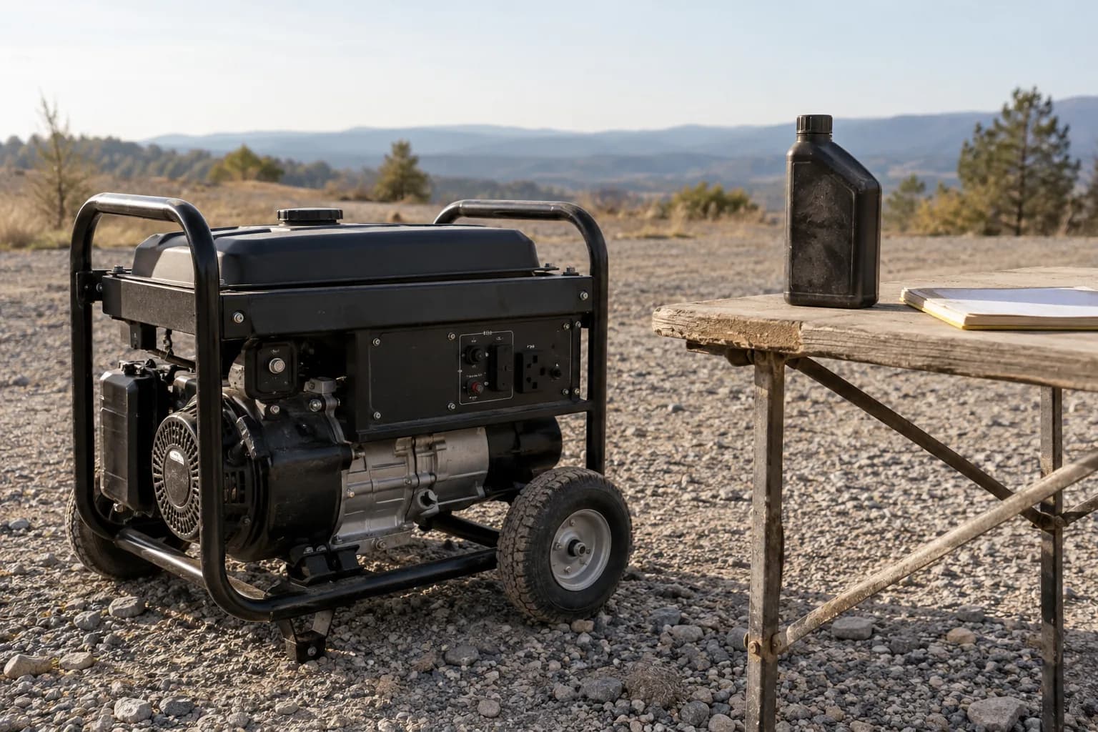 Stationary portable generator beside a closed oil bottle and first-use notebook in an outdoor yard
