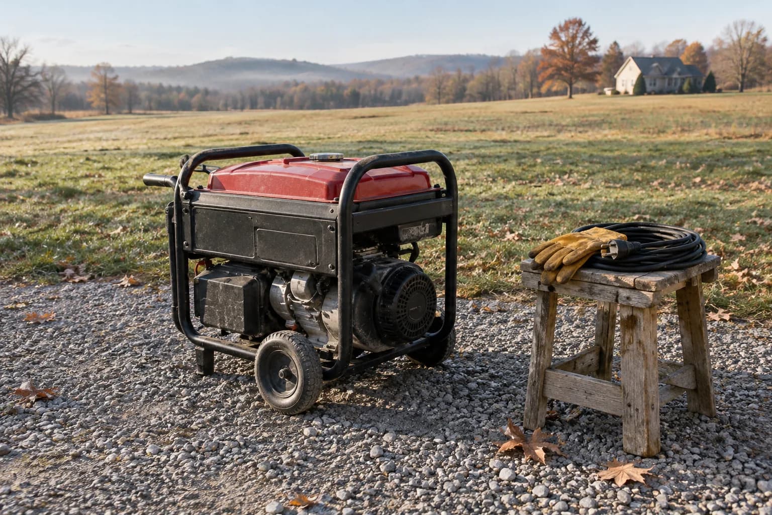 Portable generator prepared on open level ground well away from a home.