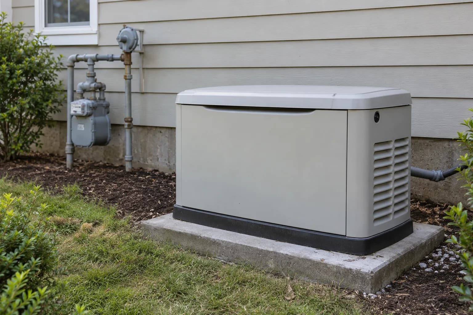 Natural gas standby enclosure with protected meter and exterior fuel infrastructure