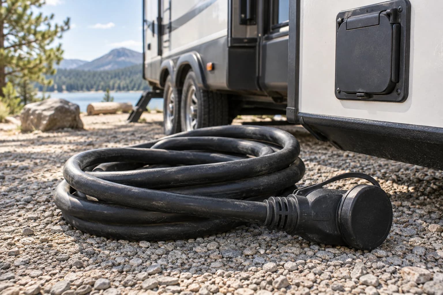 Disconnected high-capacity cord beside a closed RV shore-power hatch