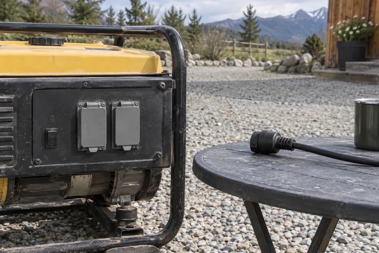 A shut-down generator with closed dual outlet covers beside an unplugged grounded appliance cord.