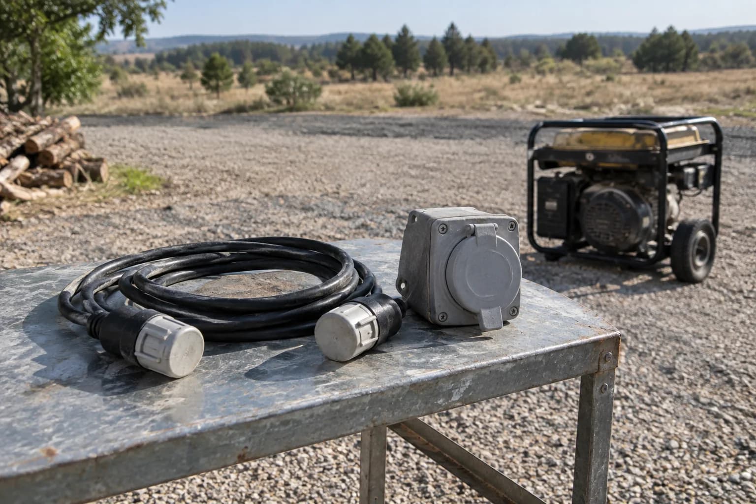 A capped locking generator cord and closed inlet enclosure on a worn outdoor bench with an idle generator behind.