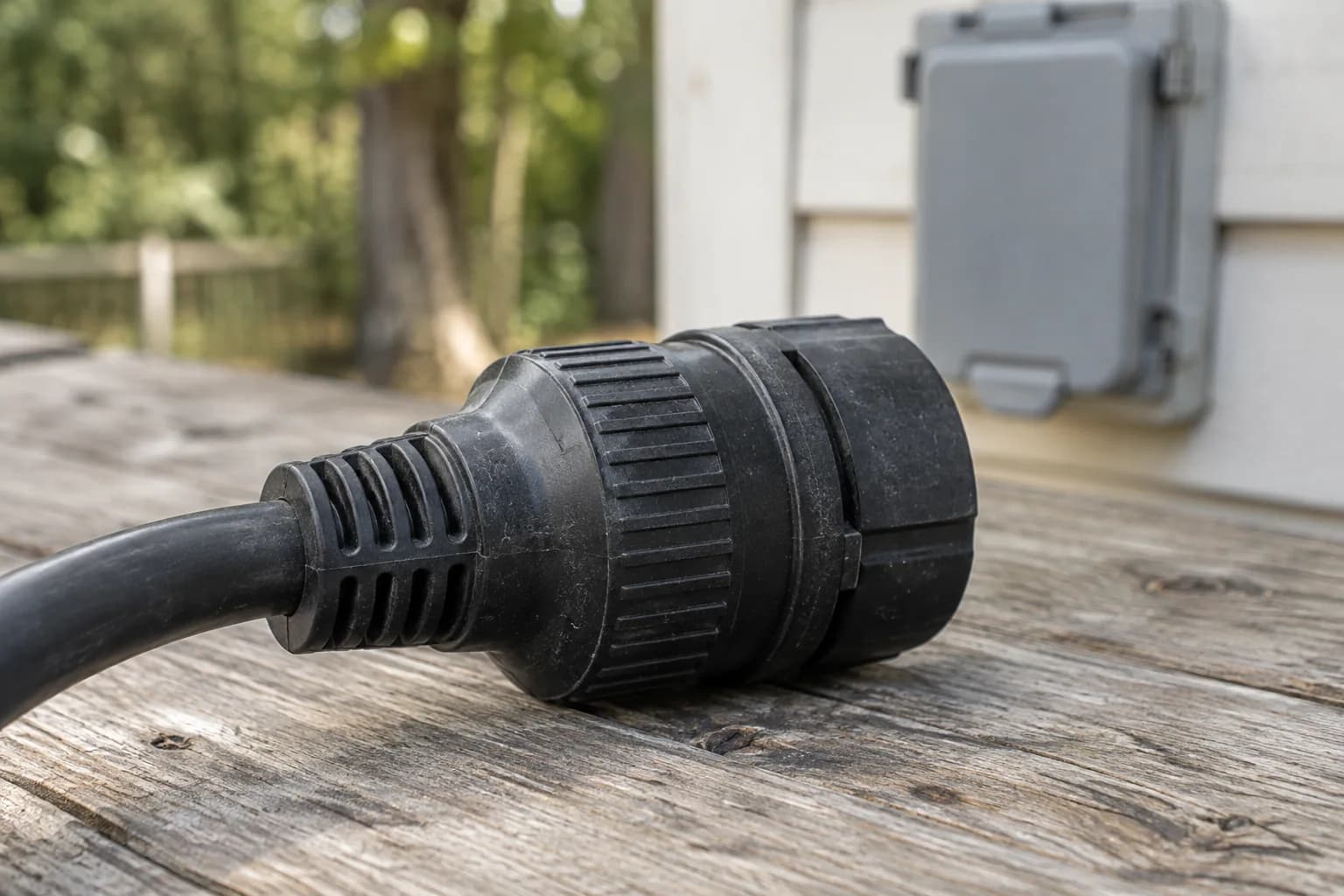 Twist-lock generator cord connector with intact grip and strain relief.
