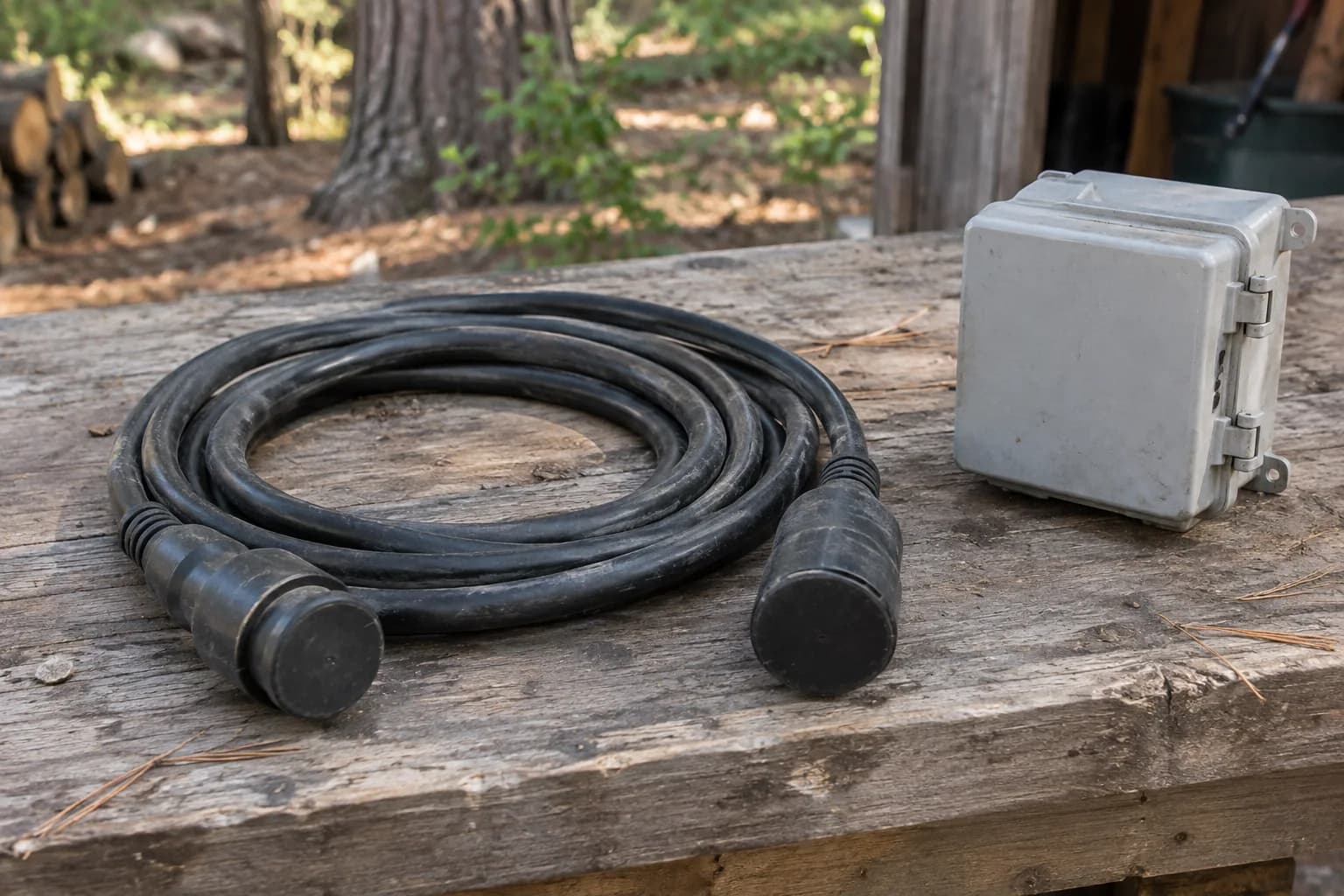 An intact coiled generator cord with fully capped locking connector housings beside a closed distribution enclosure.