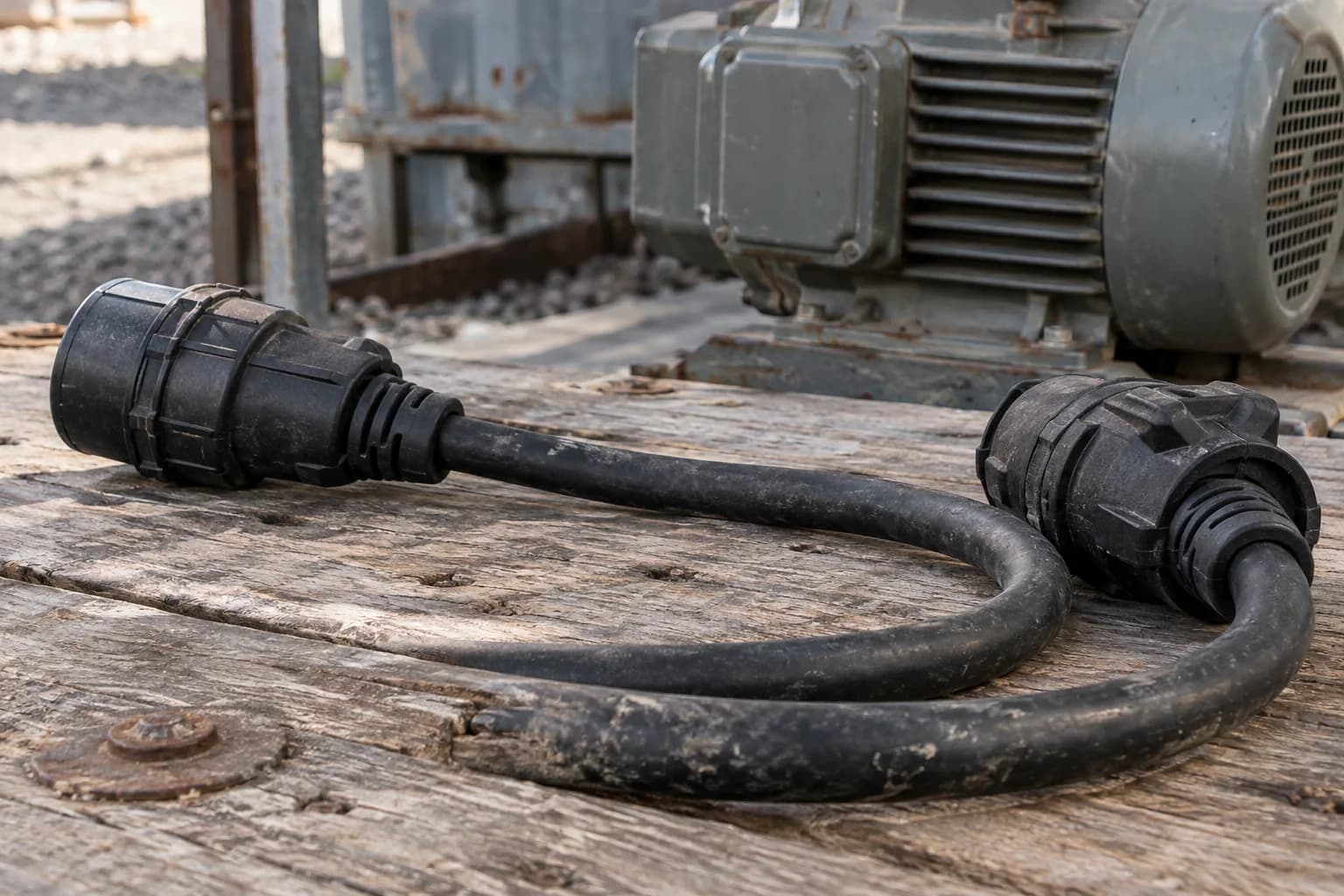 An intact industrial locking cord with contact faces turned away and a closed motor enclosure behind.