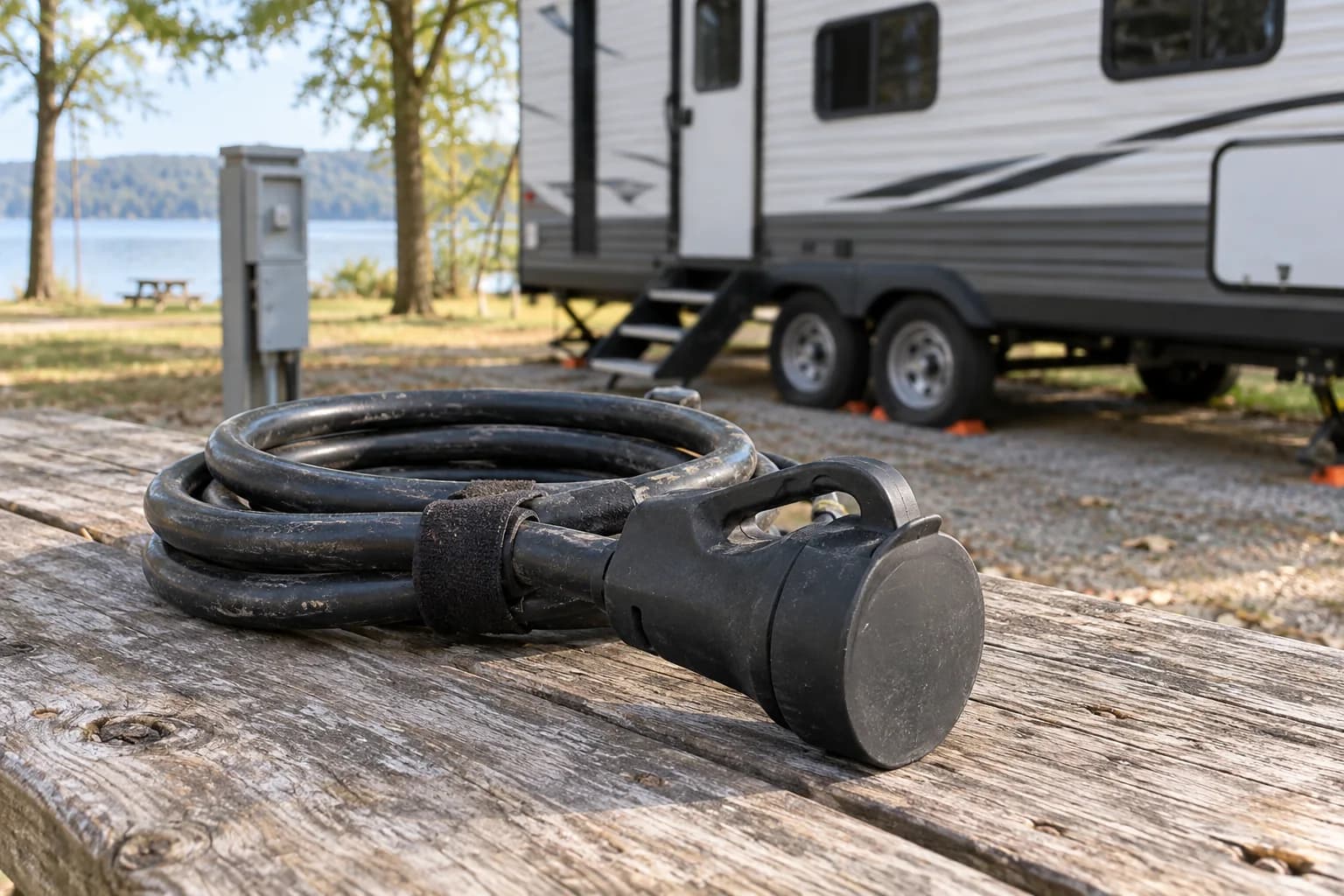 Capped RV shore-power cord on a picnic table before connection