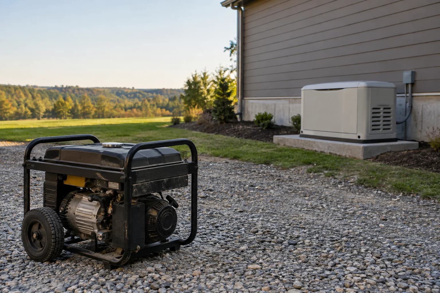 Installed standby generator and distant disconnected portable generator in one outdoor scene.
