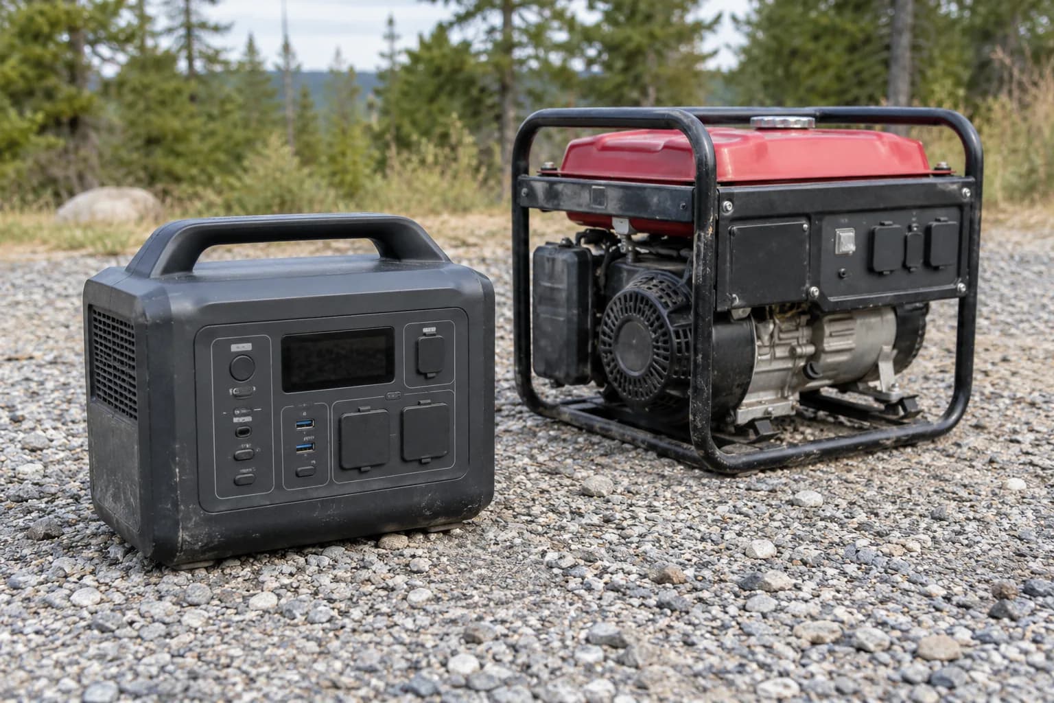 Portable battery power station and disconnected fuel generator outdoors