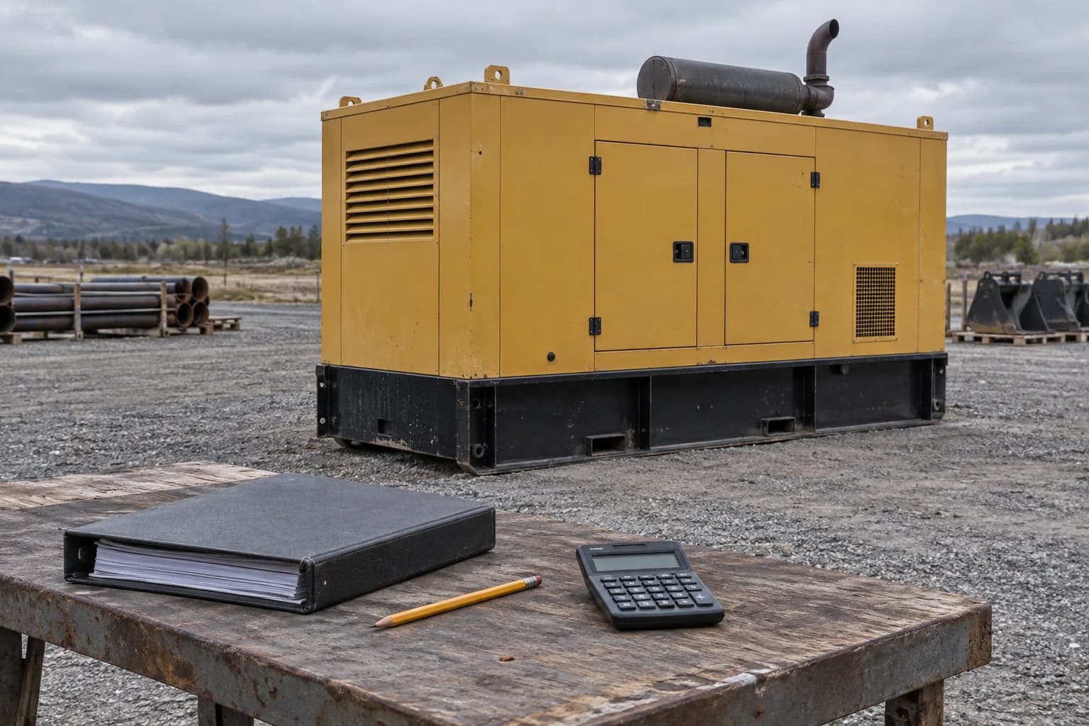 A closed industrial generator in an open equipment yard beside specification paperwork for duty-rating review.