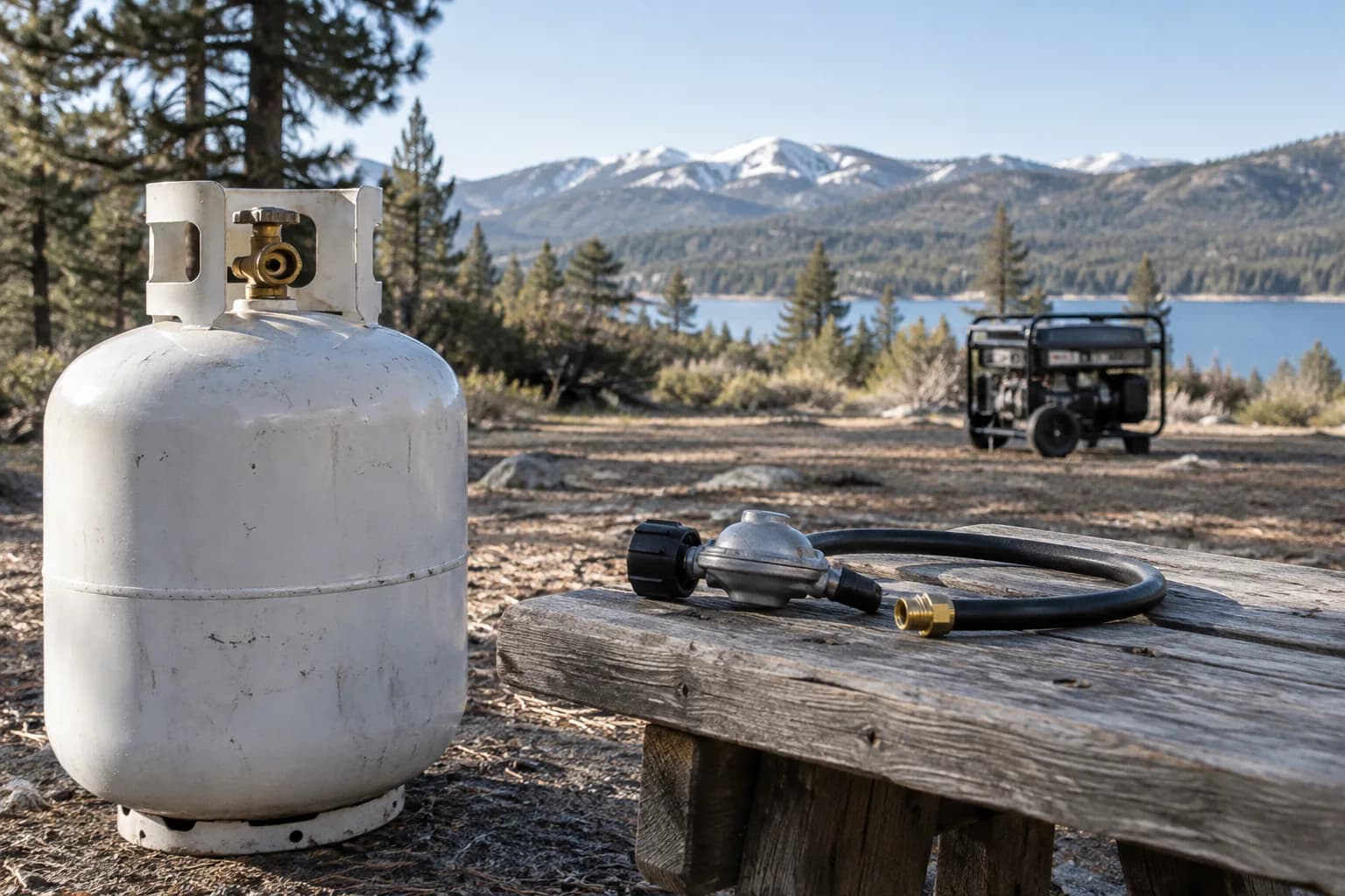 Closed propane cylinder and disconnected regulator with generator outdoors.
