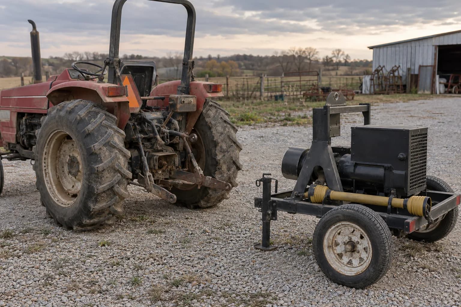 Parked farm tractor beside a trailer-mounted PTO generator with a disconnected guarded driveline