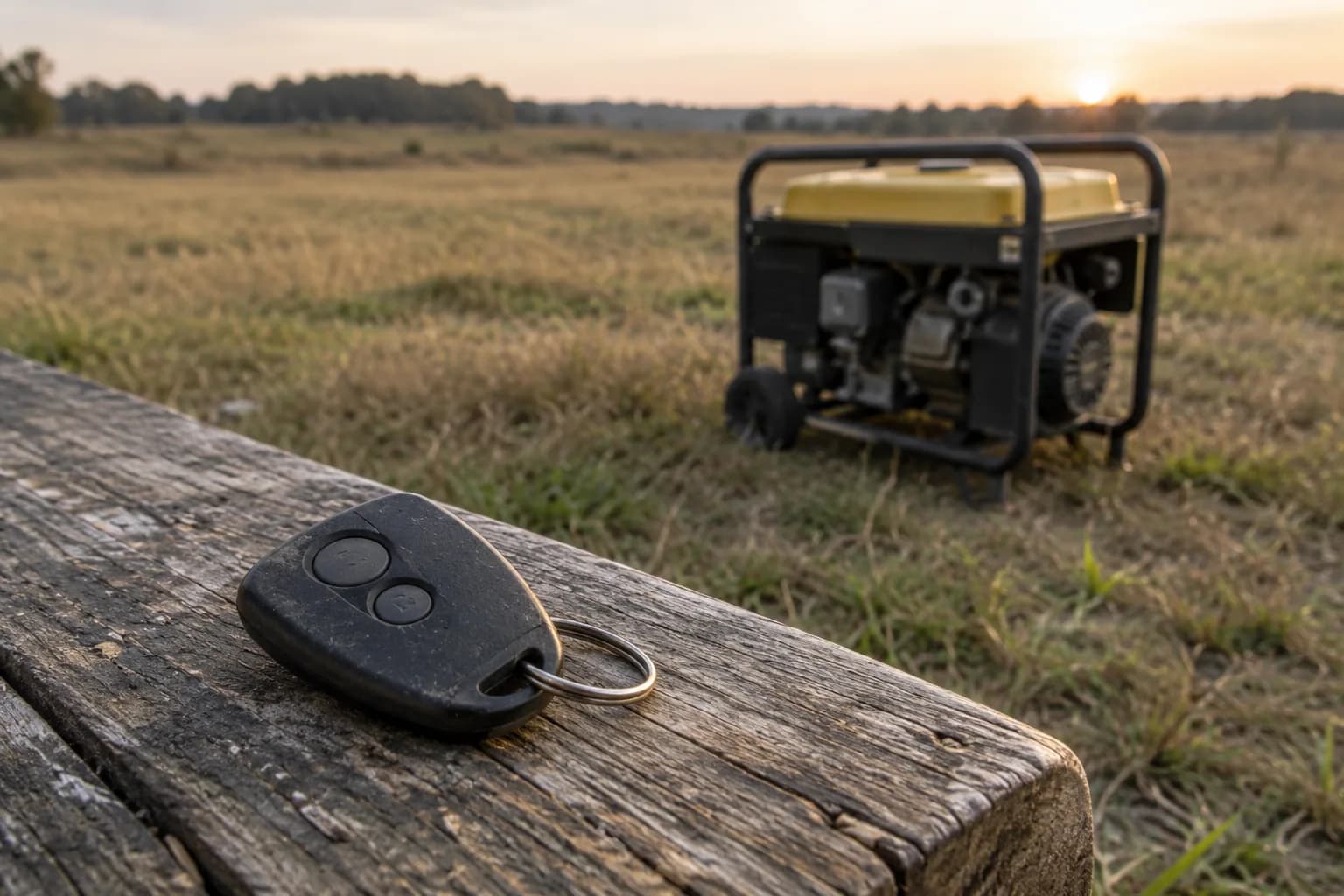 Remote-control key fob with a disconnected generator in an open outdoor area.