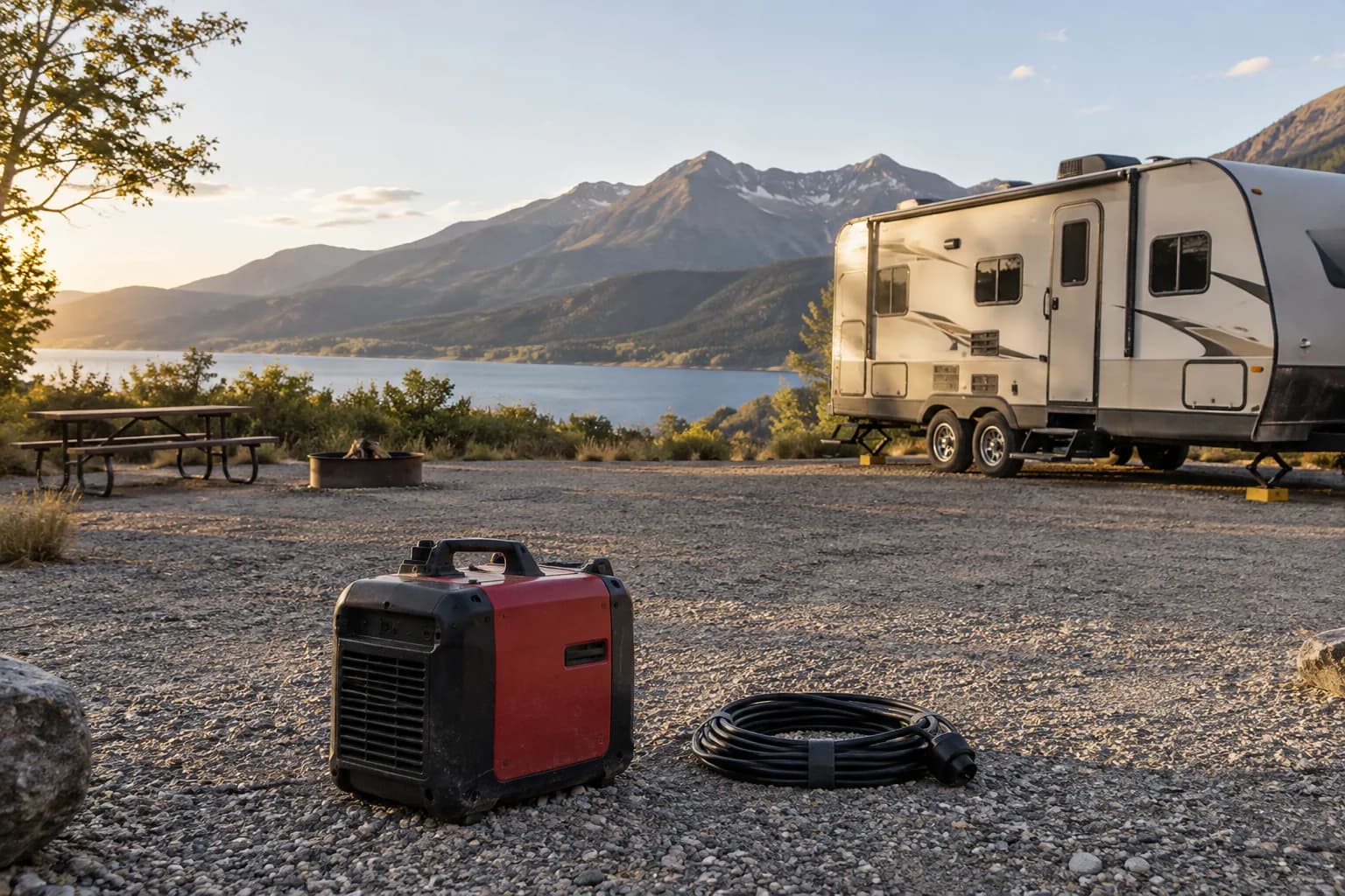 Portable generator on open ground well separated from a parked travel trailer.