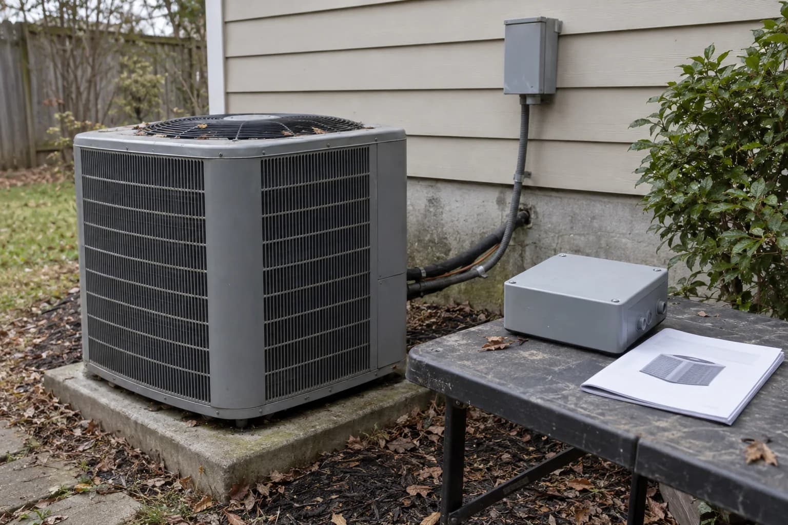 A closed outdoor air-conditioning condenser beside a work table holding a soft-start enclosure and model documentation.