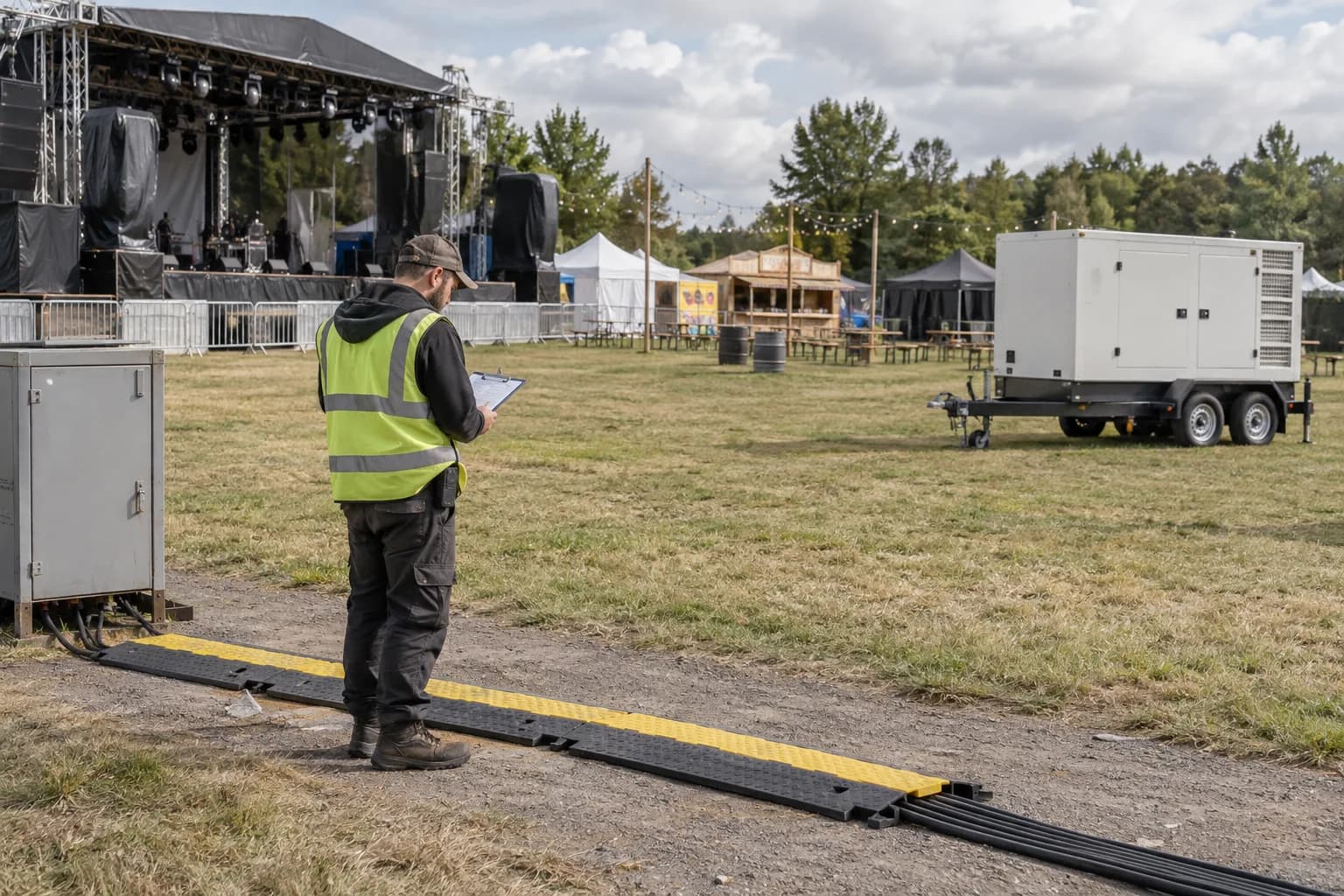Temporary event power planning with covered stage equipment and protected cable routing
