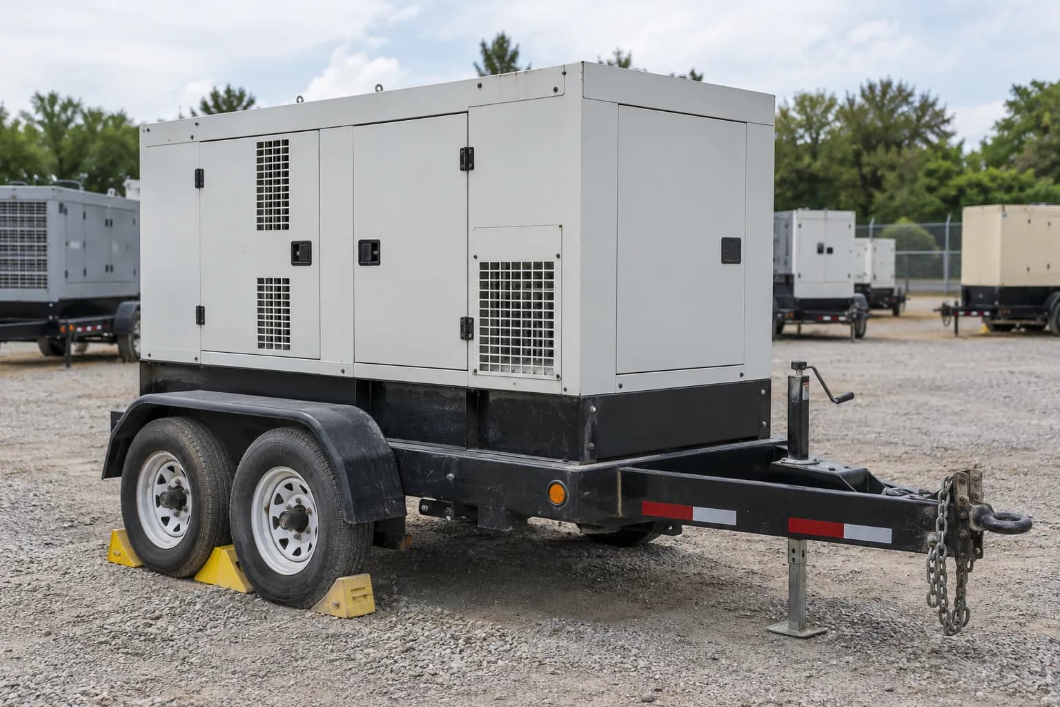 Enclosed towable generator on a chocked trailer in a gravel rental yard