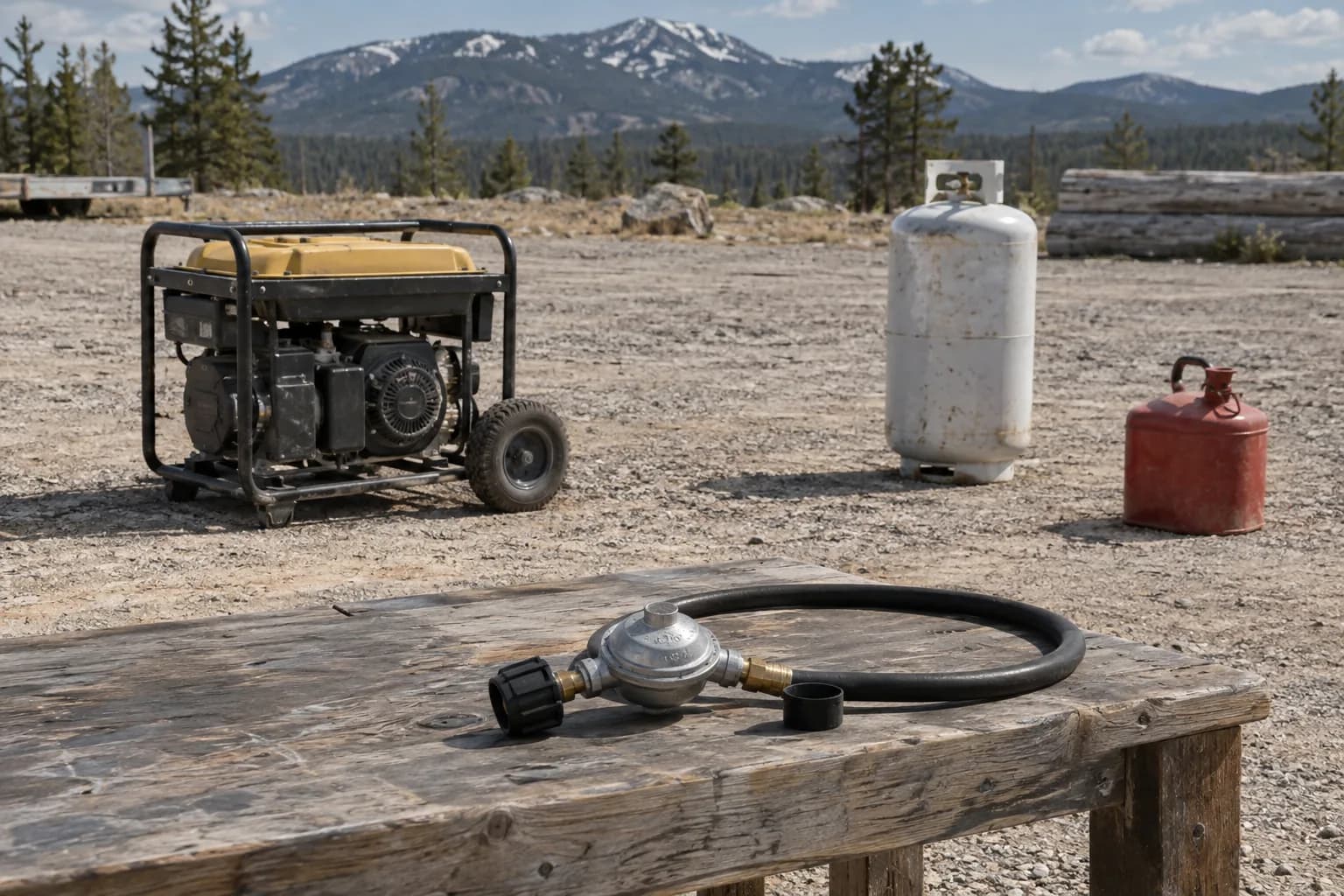 Shut-down generator with closed gasoline container, propane cylinder and fuel hardware.