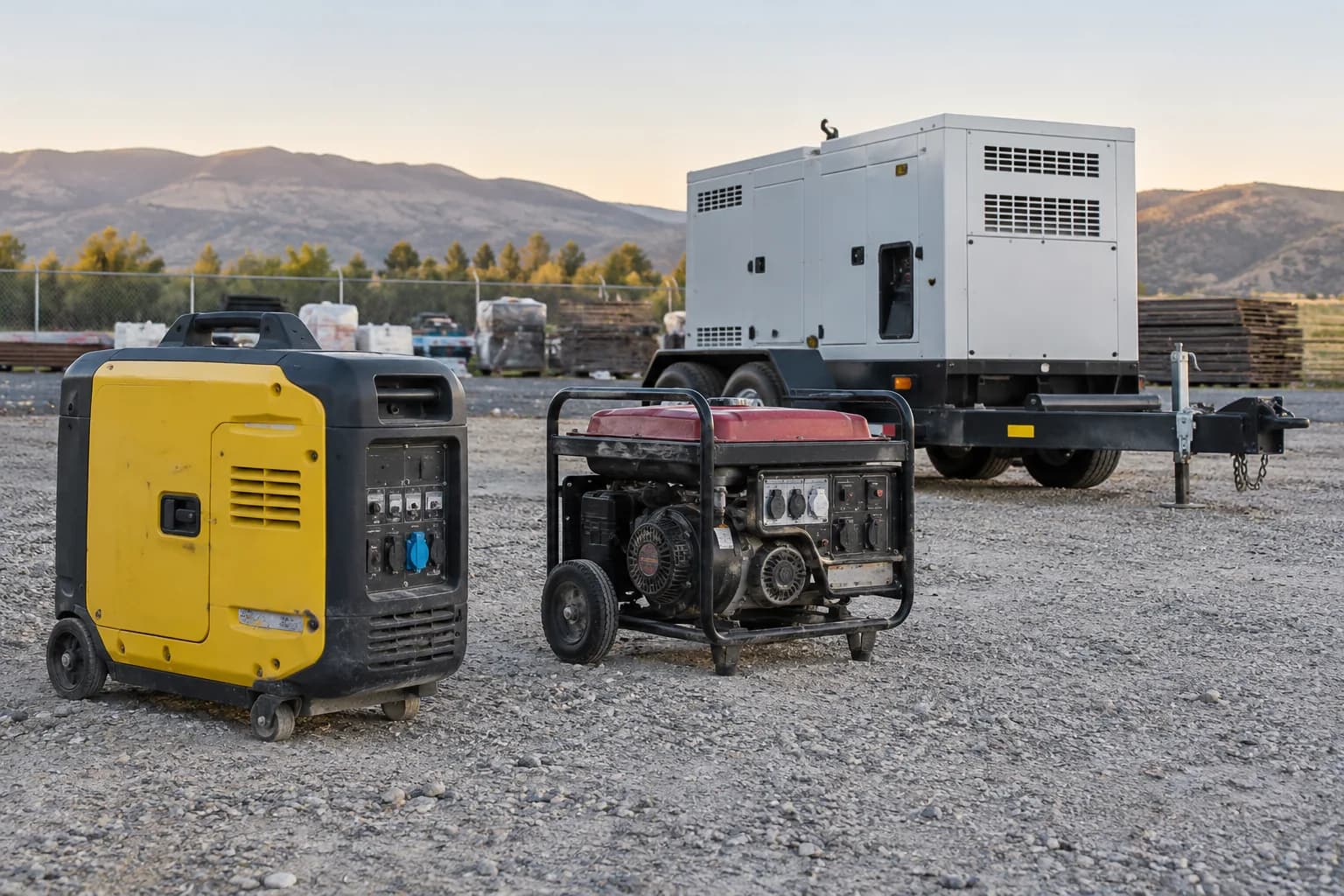 Inverter, open-frame portable and towable generators in an outdoor equipment yard.